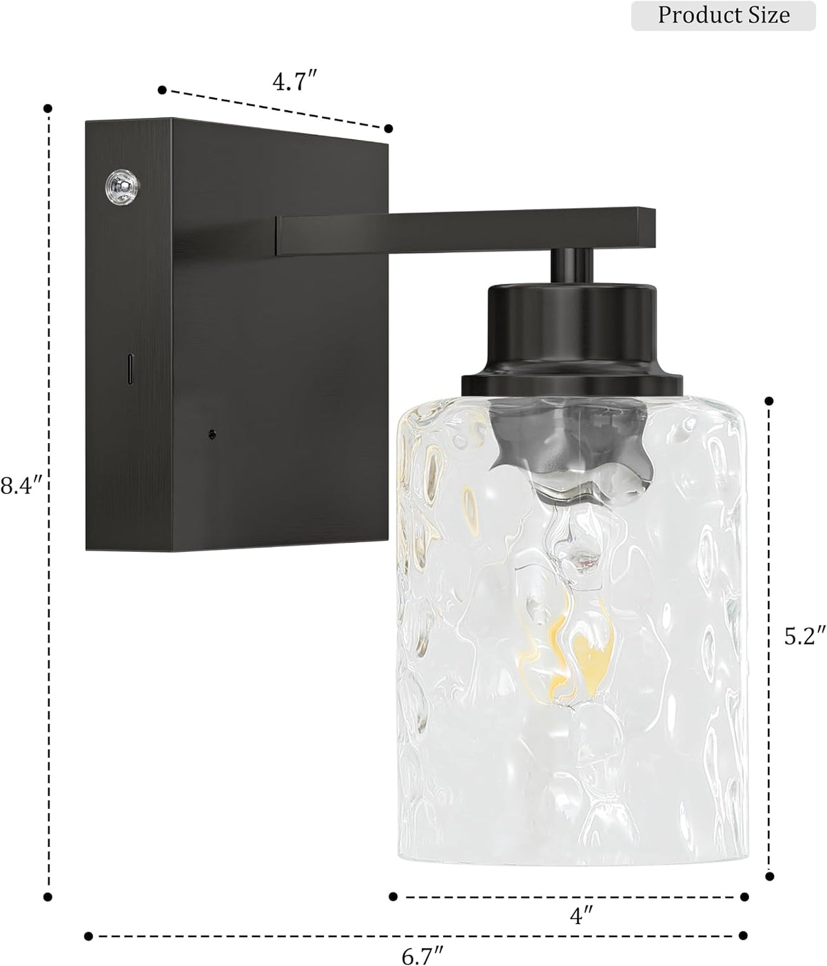 Hammered Glass Wireless Battery Operated Wall Sconces Set of Two Black | Dimmable Rechargeable Wall Lights with Remote