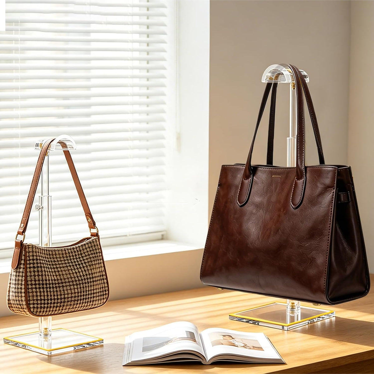 4 Pack Acrylic Purse Display Stand, 14"-24" Height Adjustable Handbag Stand | 8MM Stable Base, Clear Purse Holder, Home