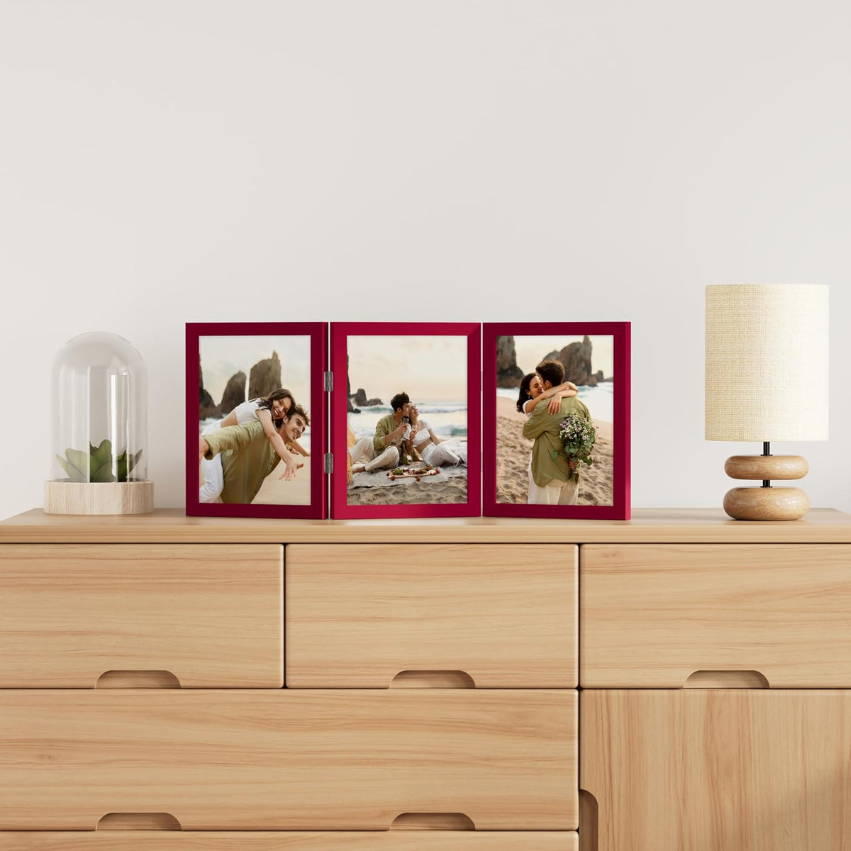 decorUhome Red Triple 8x10 Picture Frame Vertical, MDRD08 | "Z" Shape Folding Design Engineered Wood Trifold Photo