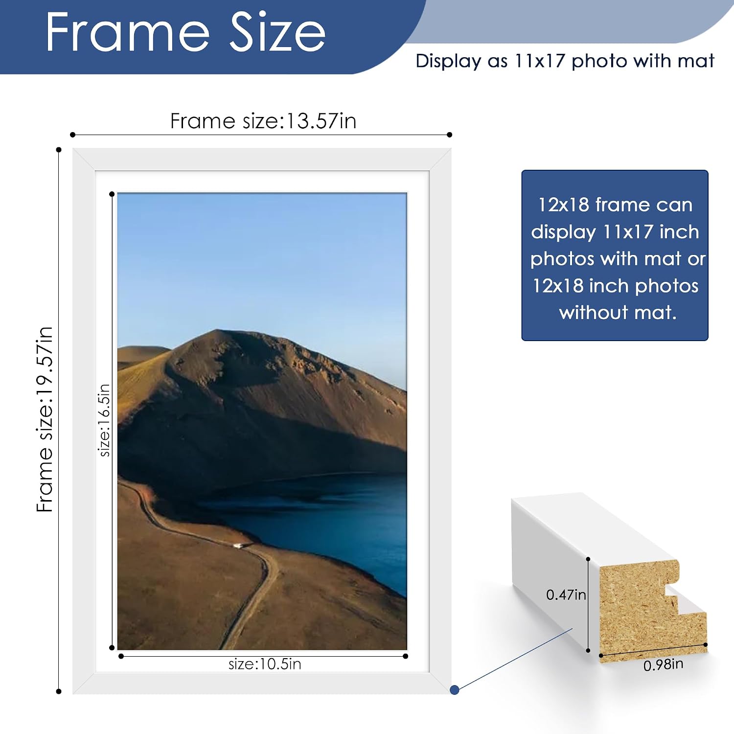 12x18 Picture Frame Set of 6, Wall Mount Display, White | Display Pictures 11x17 with Mat or 12x18 Without Mat