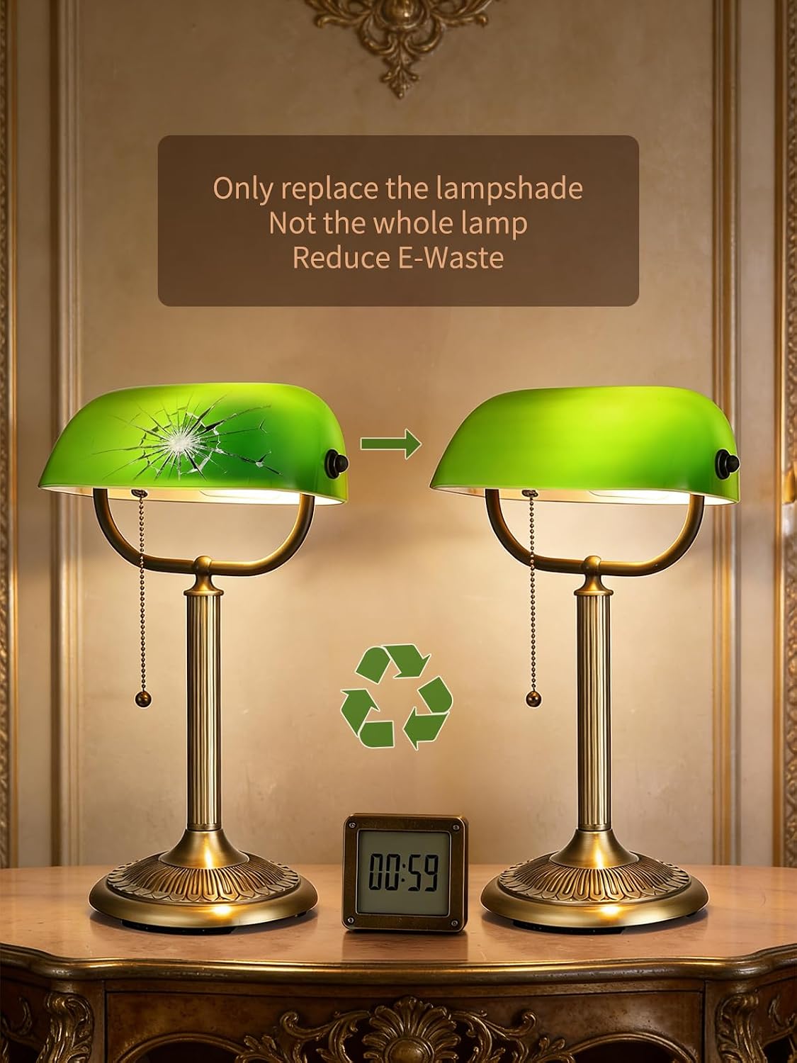 1-Minute Quick-Change Shade Classic Green Glass Bankers Desk Lamp | Study Office Library, LED Bulb Included