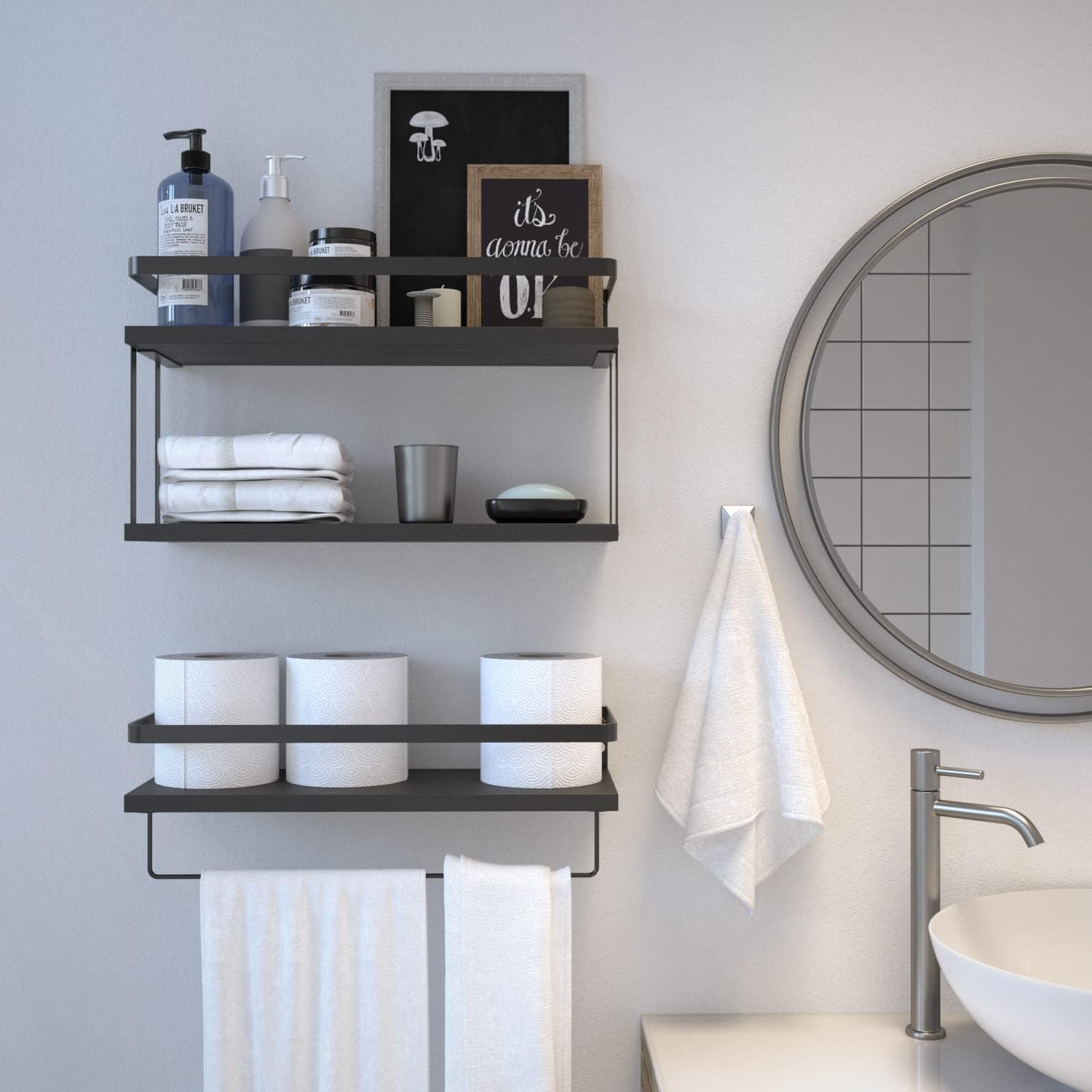 RICHER HOUSE Floating Shelves Bathroom, Wall Mounted Shelf Over Toilet | 2+1 Tier, with Metal Rail, Towel Rack, Paper