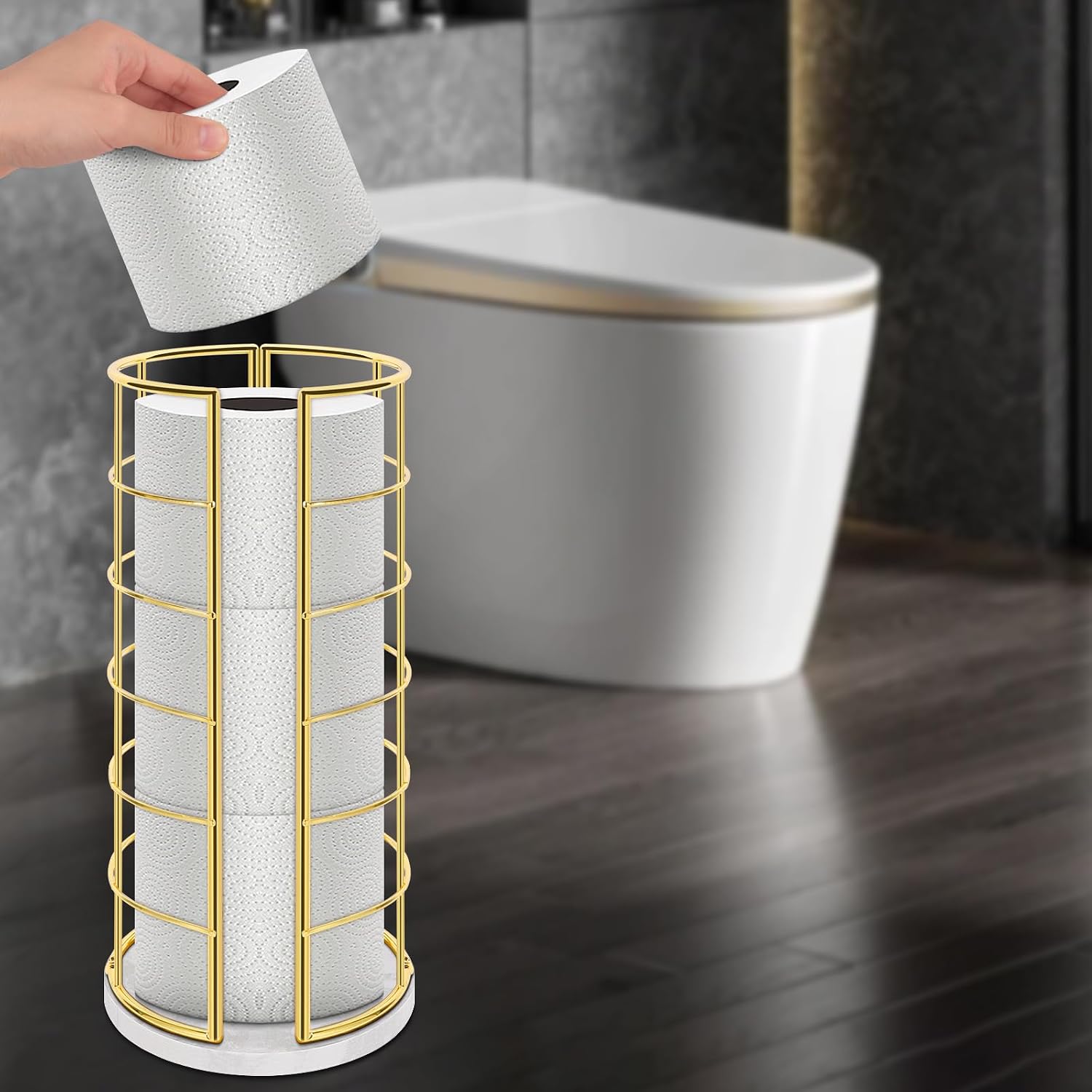 NearMoon Toilet Paper Organizer Stand, Free Standing 3 Rolls Tissue Storage, Metal Bathroom Accessory, Rustproof Toilet