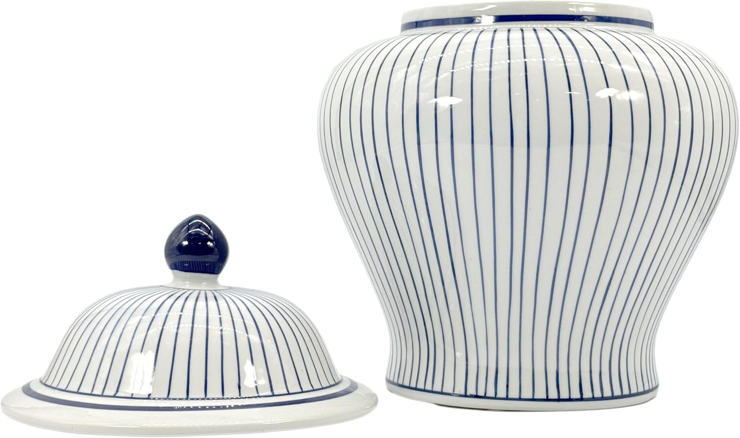 Blue & White Striped Wide Ceramic Porcelain Ginger Jar wtih Lid Temple Jar / Blue & White Stripes