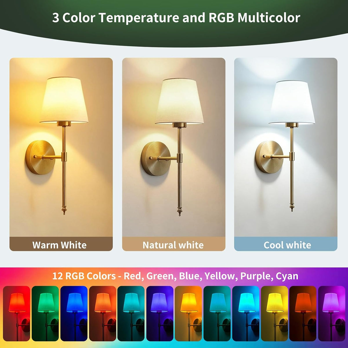 Battery Operated Wall Sconces Set of 2, Wireless Battery Wall Light | with 5200mAh Dimmable Bulbs with Remote,RGB15