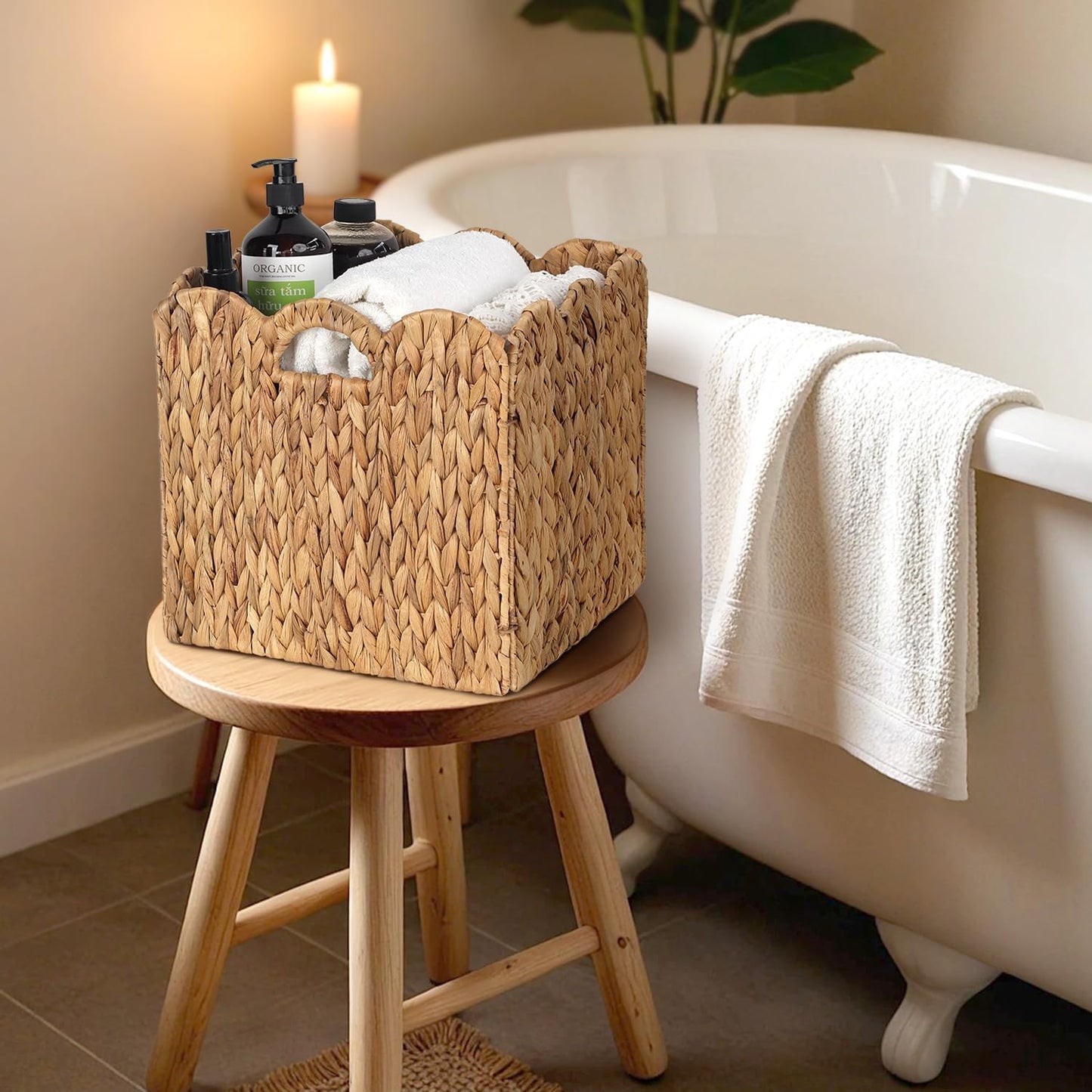 Foldable Scalloped Water Hyacinth Storage Cubes Basket / Natural Color / 12 x 12 x 12 / Set of 4