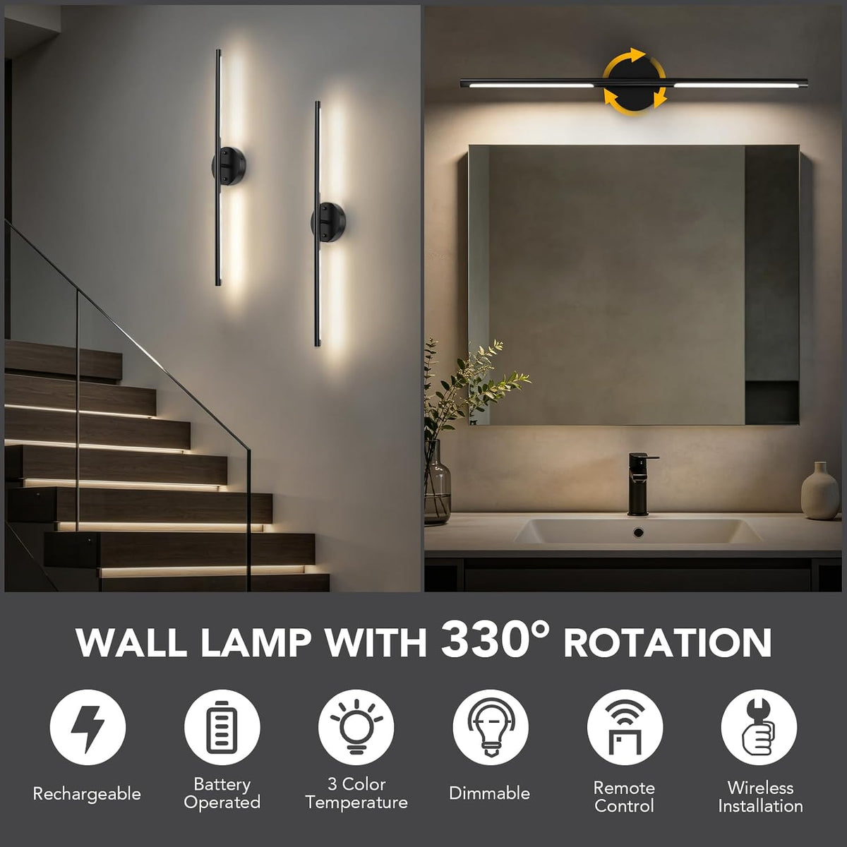 TONYFUL Battery Operated Wall Sconce Set of 2, Wall Light for Home, Black | Rechargeable, 6000mAh Dimmable Bulbs