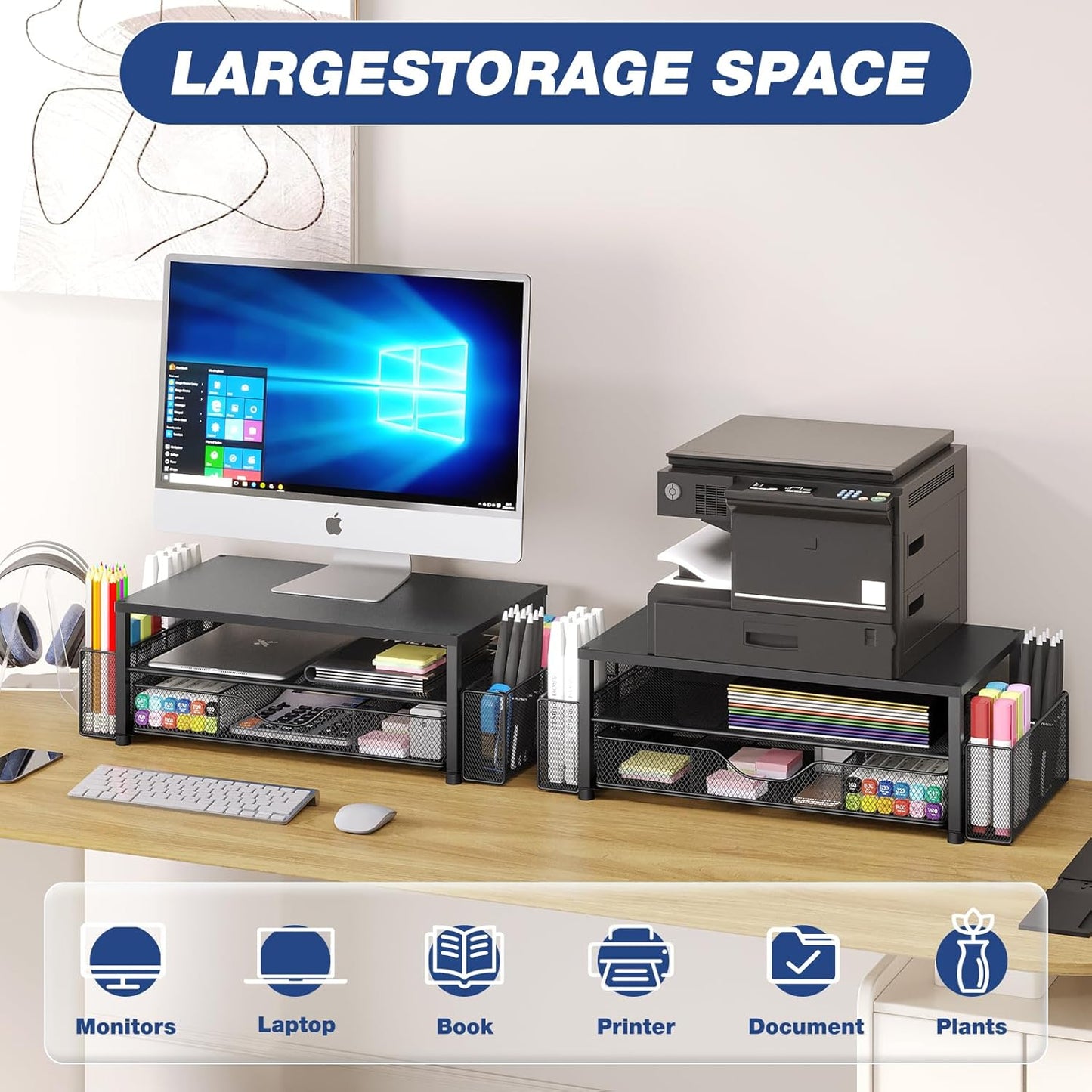 Desk Organizer and Accessories, 2-Tier Computer Monitor Stand Riser with Drawer and 2 Pen Holders, Laptop Stand, Office