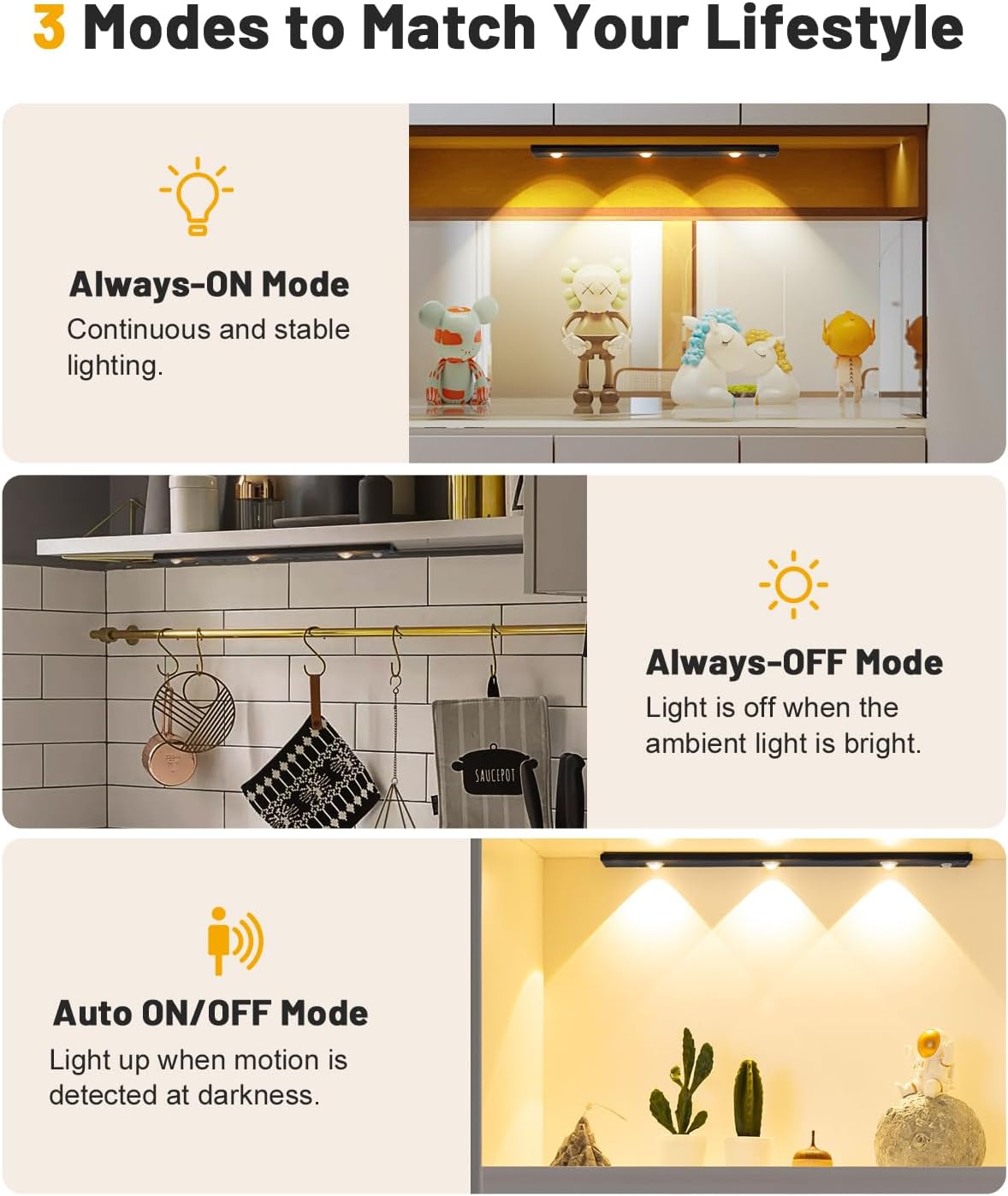 Under Cabinet Light Rechargeable Motion Sensor Dimmable 2 Pack, Black | 3-Color Dimmable Under Counter Lights with
