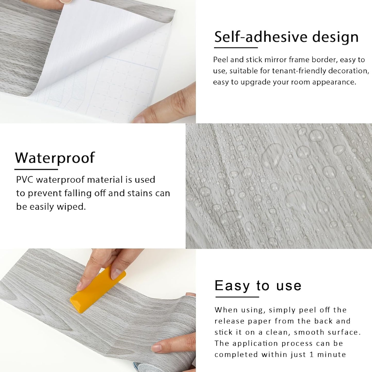 Self Adhesive Waterproof Wallpaper Mirror Frame Tape / Grey Wooden / 3.9 x 393
