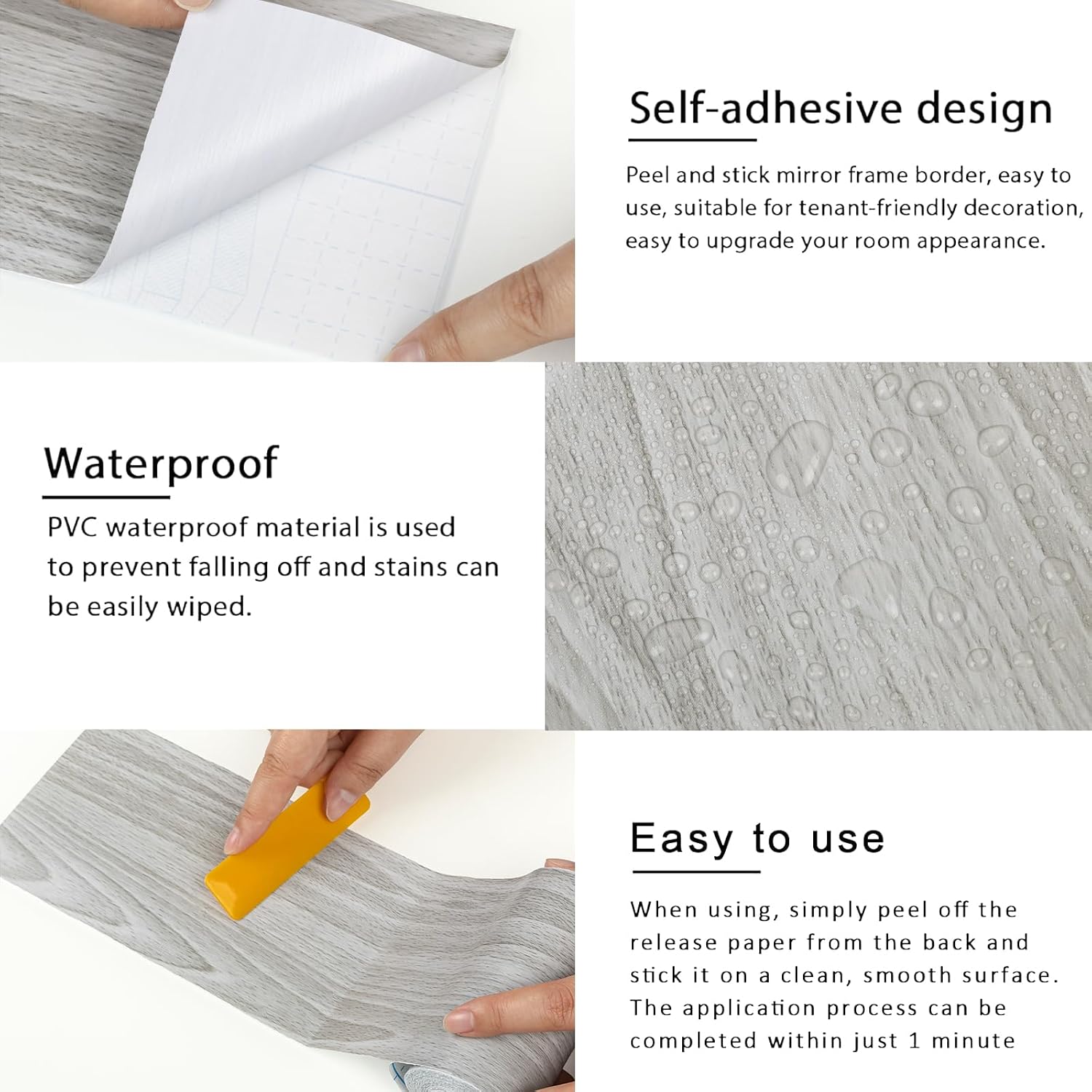 Self Adhesive Waterproof Wallpaper Mirror Frame Tape / Grey Wooden / 3.9 x 393