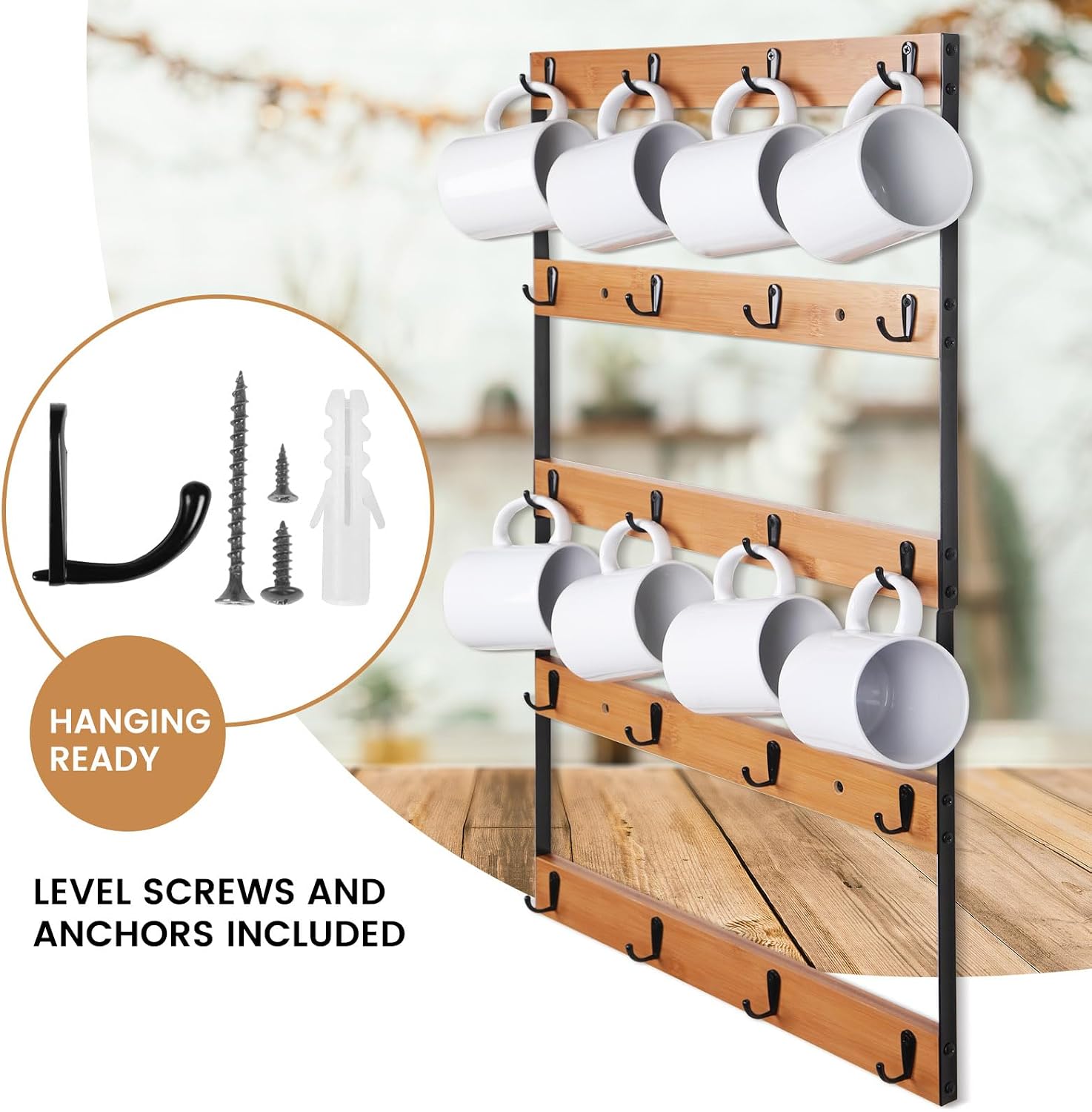 Wall Mounted Coffee Mug Holder, Large 5 Tier Shelf with 20 Hooks for Cups, Rustic Wooden Display Rack for Kitchens