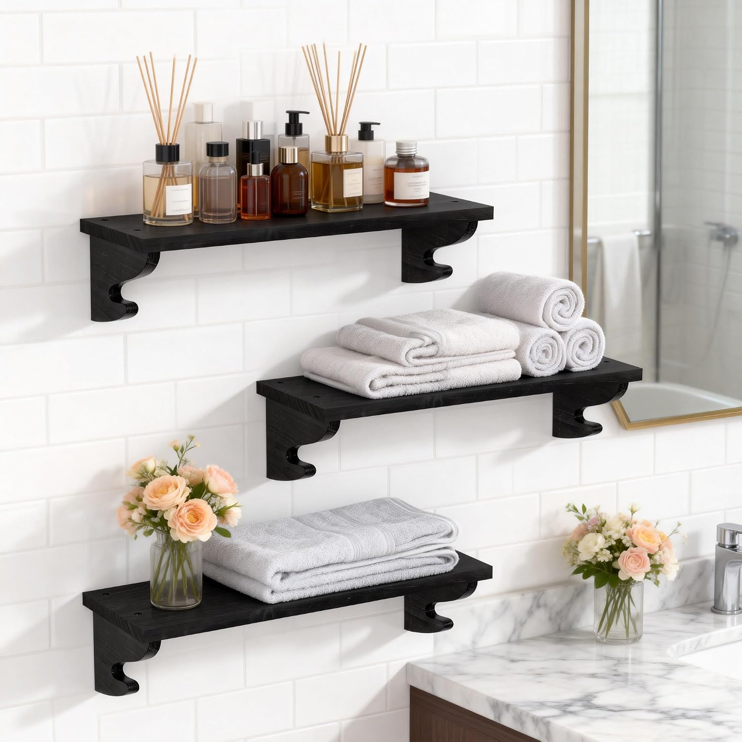 Floating Shelves / Solid Wood Shelves Wall Mount / Black / 17 Inch / Set of 3