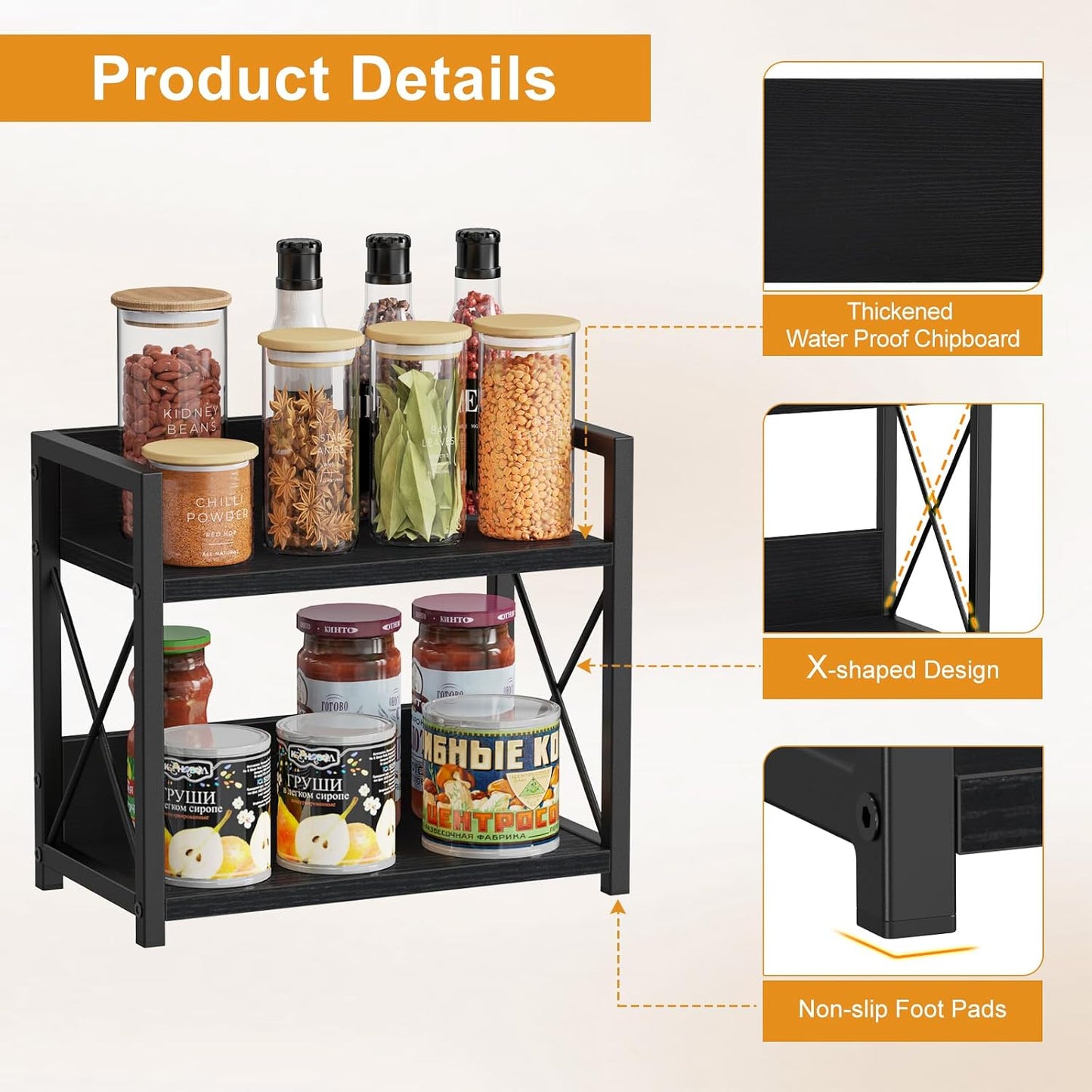 Giikin Kitchen Counter Shelf, 2 Tier Kitchen Spice Rack Organizer for Countertop, Wood Coffee Bar Organizer for Home