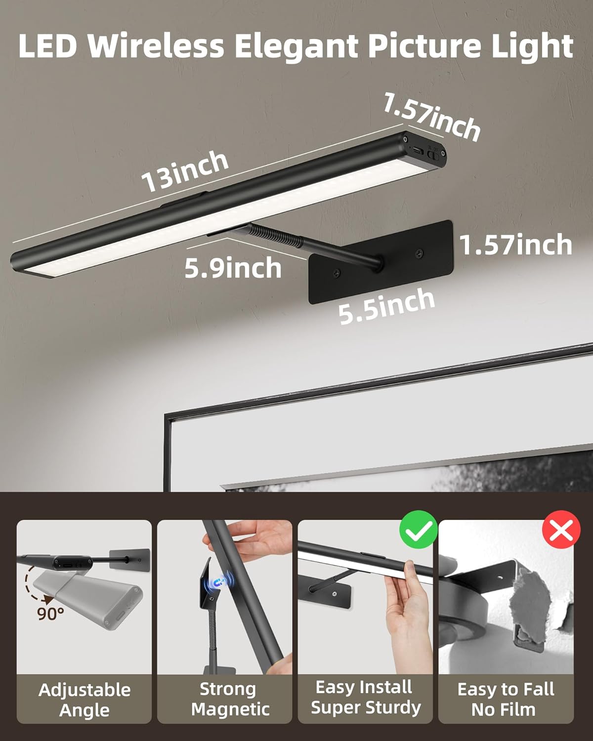 EZVALO Picture Light for Wall, 13'' Black Rechargeable 4800mAh Battery Lights Wireless with IR Remote, Magnetic LED Art
