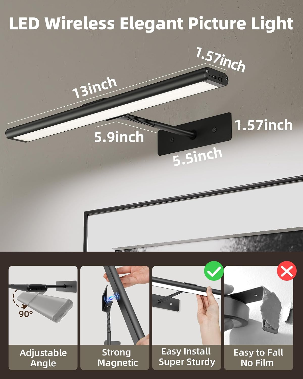 EZVALO Picture Light for Wall, 13'' Black Rechargeable 4800mAh Black Lights Wireless Remote, Dimmable Magnetic LED Art