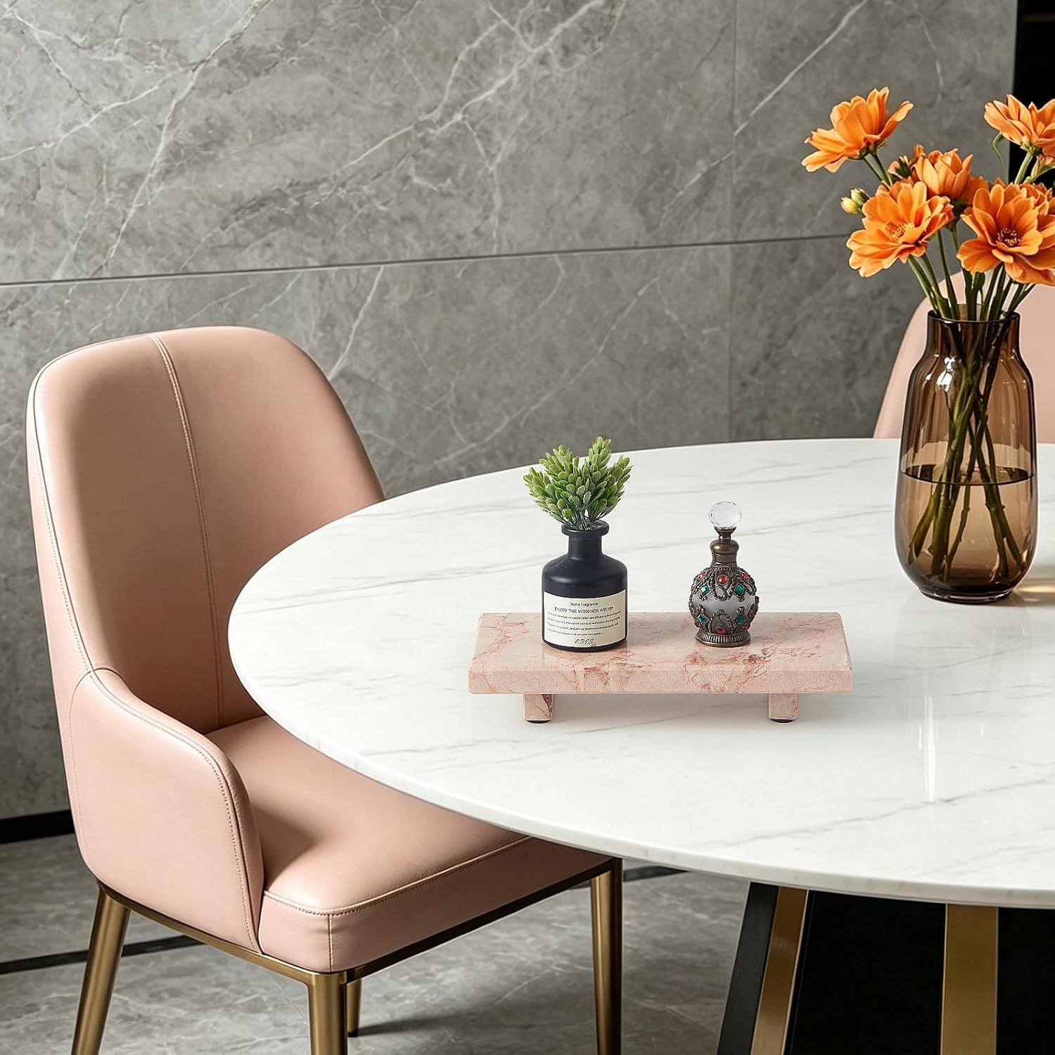 Vanity Organizer / Natural Marble Tray Pedestal Stand / Pink / 8.7 x 4 x 1.6
