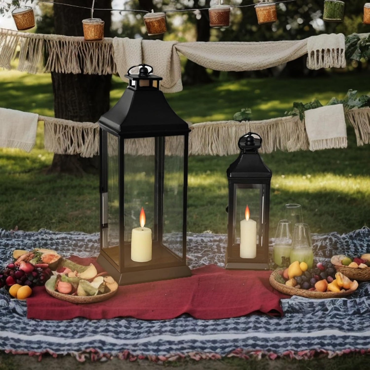 SwallowLiving Black Outdoor Lanterns Set of 2, 19.5" & 13.3" Farmhouse Large Metal Decorative Candle Lanterns with