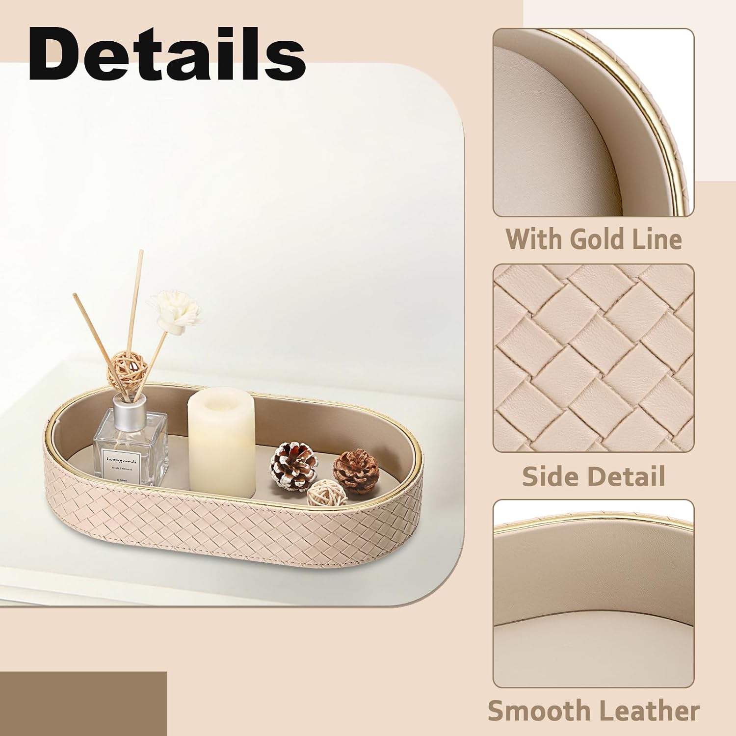 Perfume Trays PU Leather Vanity Tray for Dresser Bathroom Valet Trays Oval / 11 x 5.9 x 2 / Beige