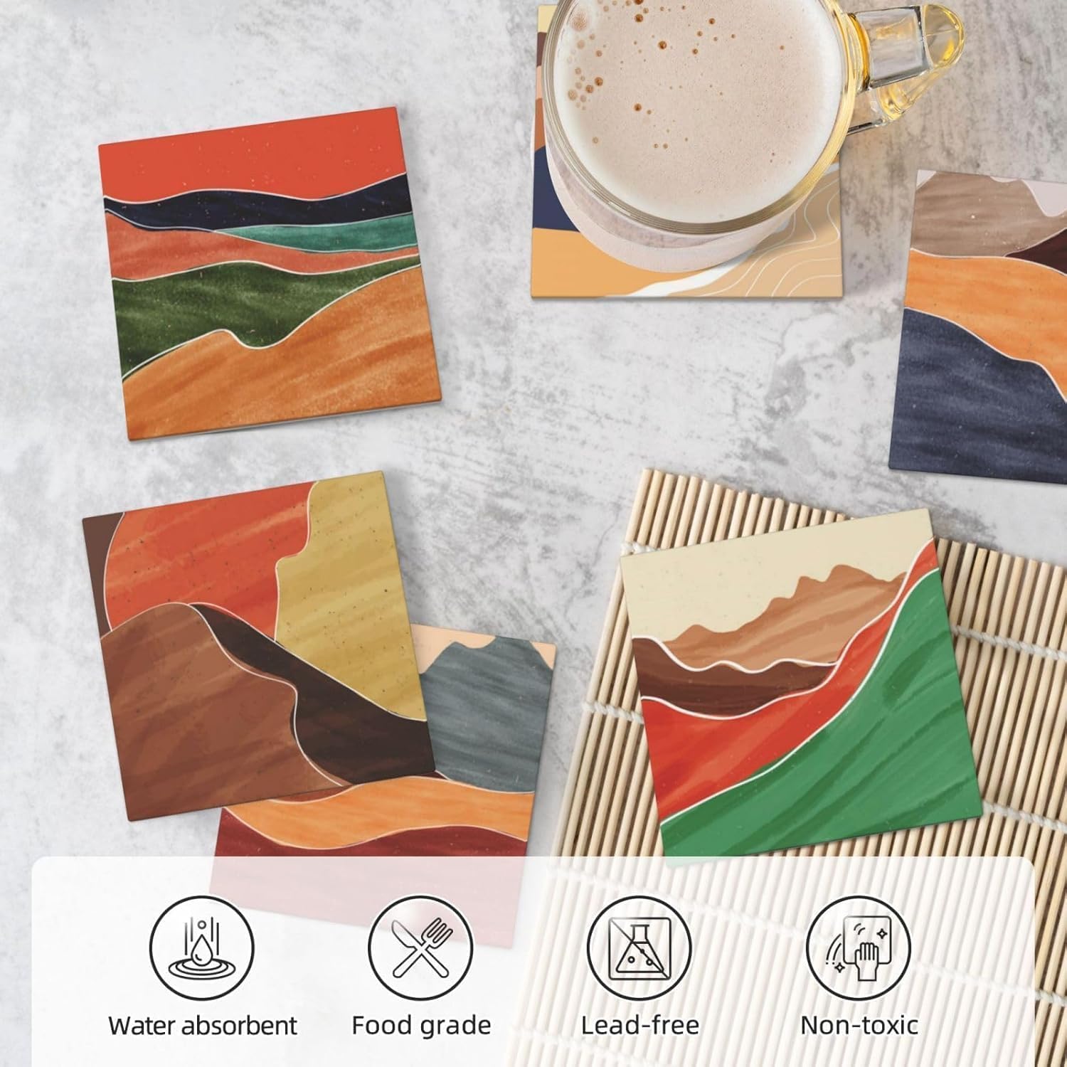 Absorbent Ceramic Coasters for Drinks / Square - Morandi Color Abstract / Set of 6