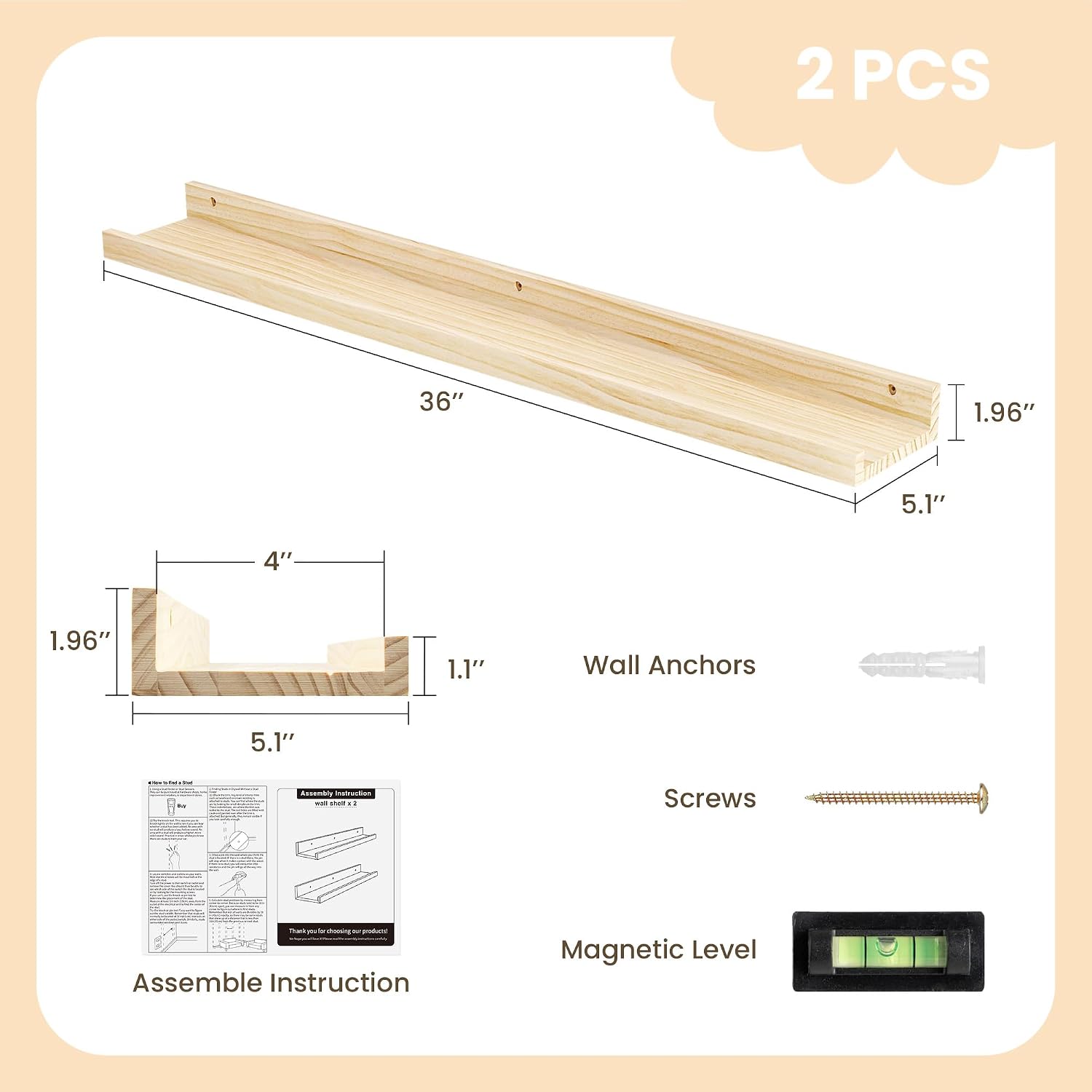 Fun Memories Picture Ledge Shelf, Pine Wood Floating Shelves Set of 2, 36 inch Nursery Book Shelves, Photo Ledge Book