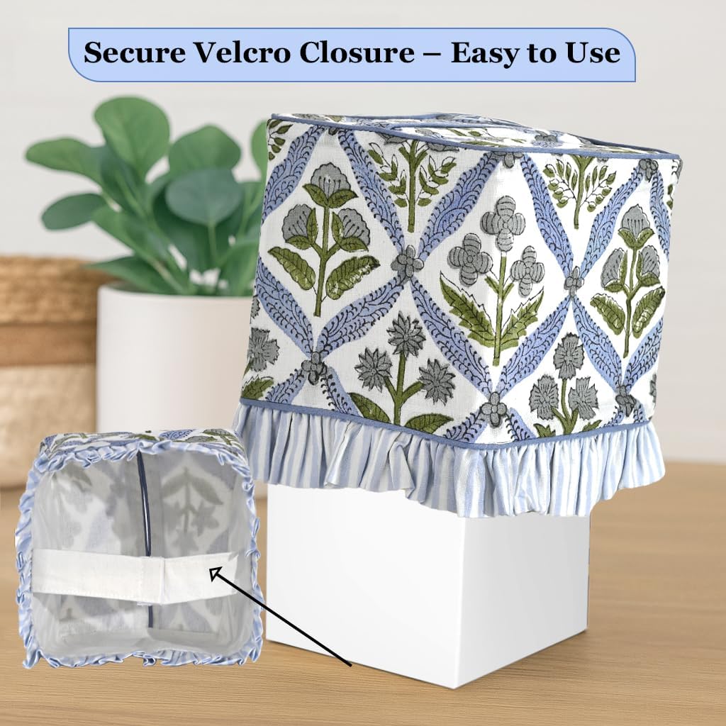 Block Print Ruffle Tissue Box Cover Handmade Cotton Decorative Square Napkin / Light Steel Blue