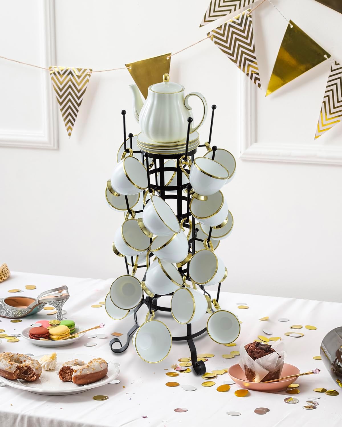 MyGift 24 Hook Rustic Mug Tree Holder for Coffee Cups & Glasses Rack | 24-hook black iron mug holder displays coffee