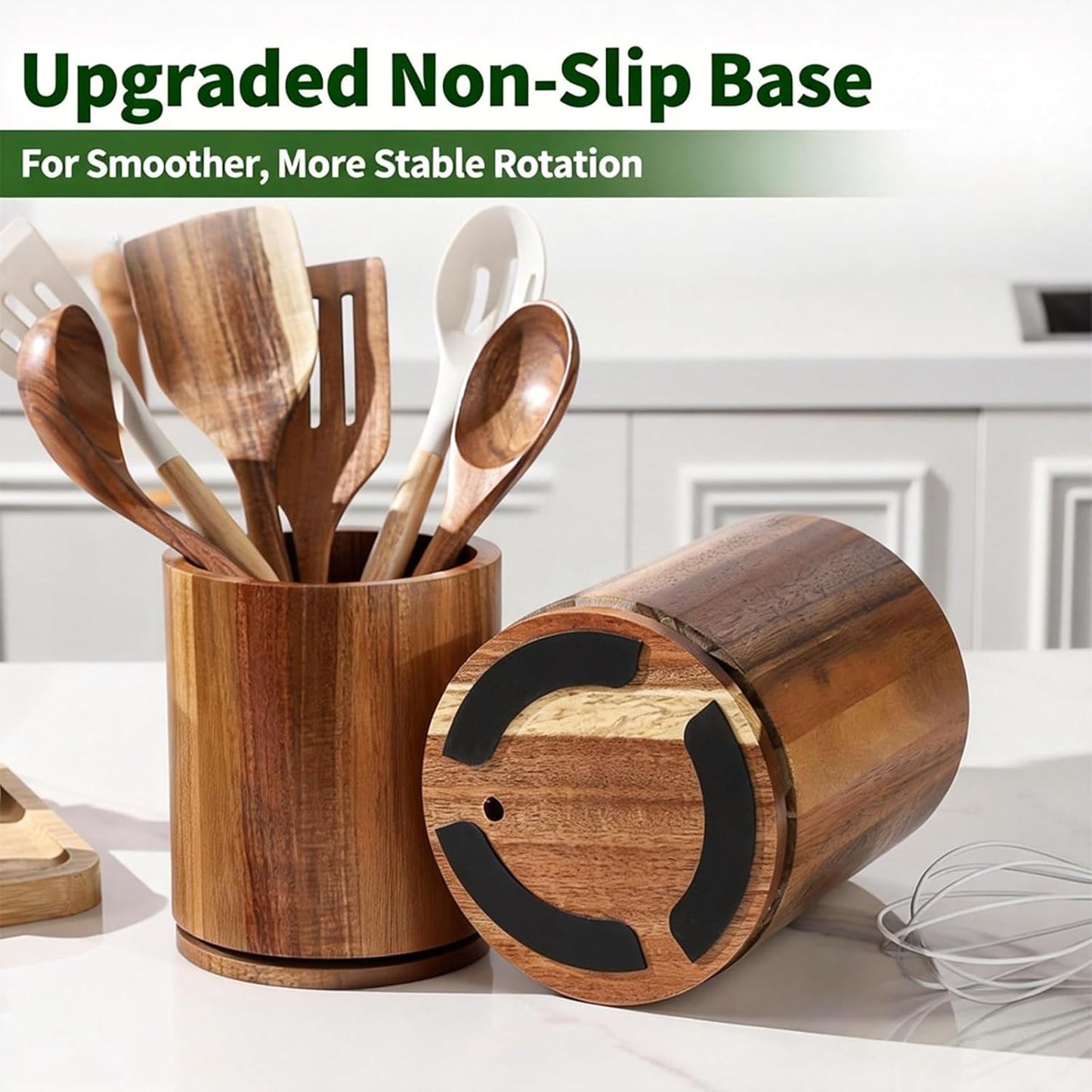 Acacia Wood Utensil Holder, 360° Rotating 7.3 in Kitchen Organizer | Rustic farmhouse countertop decor. Rotating base