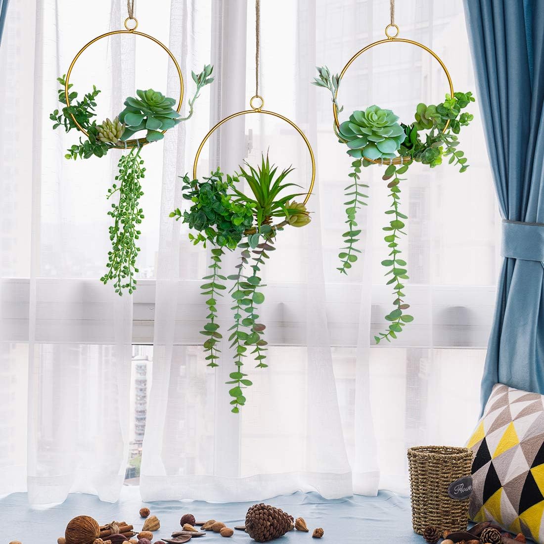 Artificial Succulents Wreath Hanging Geometric Garland Greenery Wall Decor / Gold / Set of 3