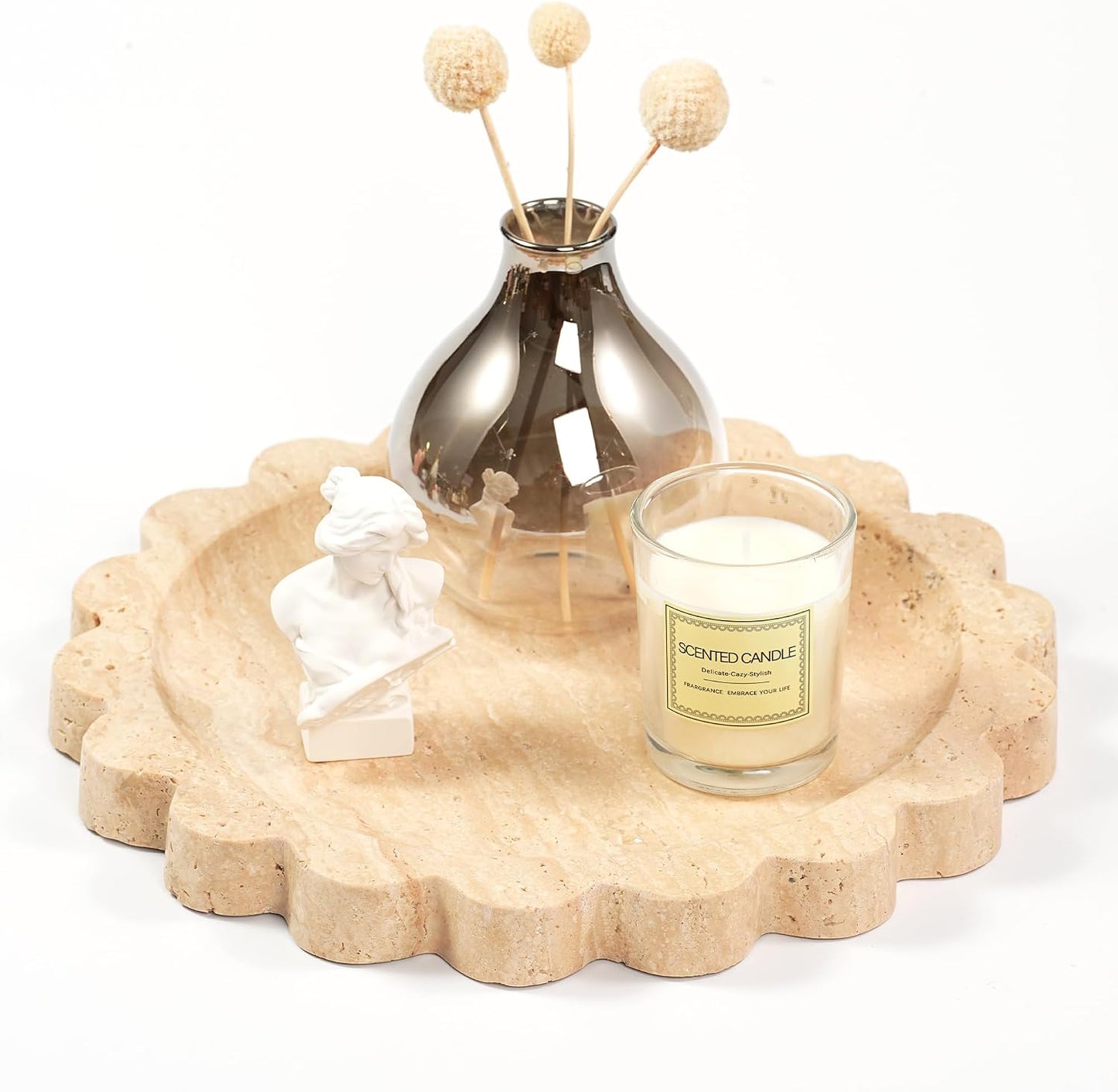 Travertine Scalloped Marble Tray / Flower-travertine / 9.9 Inch
