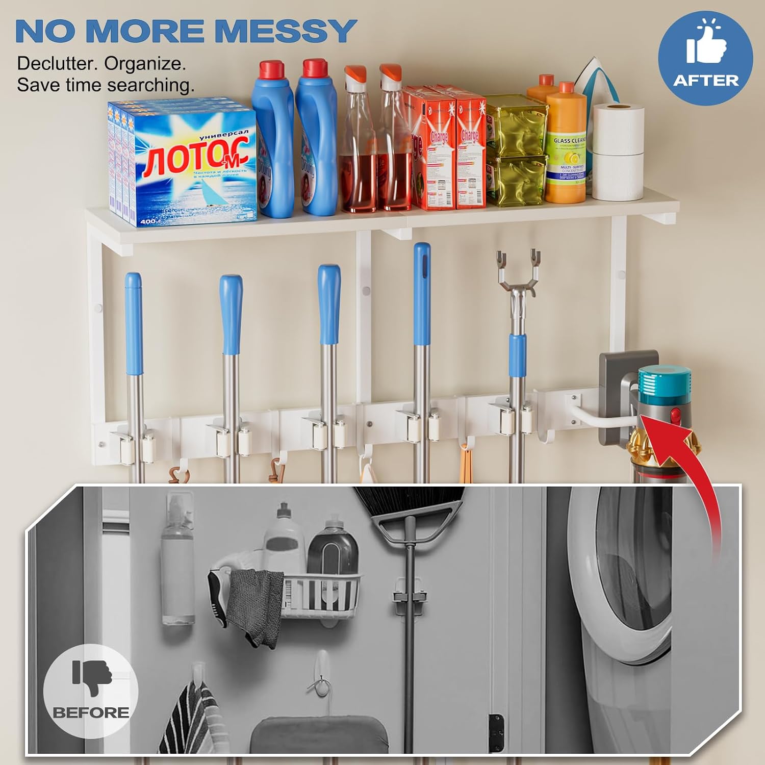 Broom Holder Wall Mount with Cleaning Supplies Organizer, Laundry Room Organization and Storage Shelf with Mop Hanger