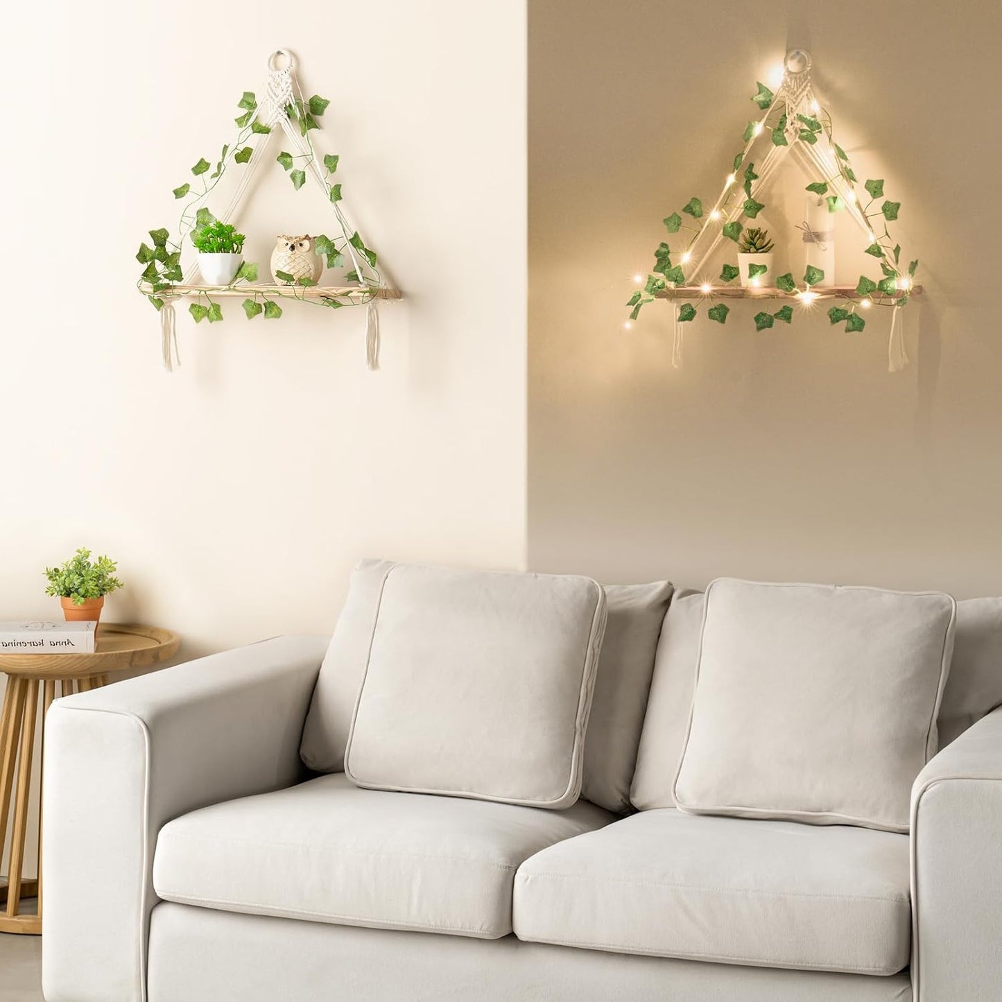 Artificial Ivy Macrame Hanging Shelves / Ivory / Set of 2