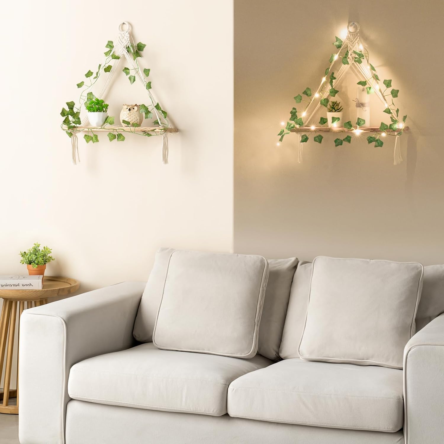 Artificial Ivy Macrame Hanging Shelves / Ivory / Set of 2