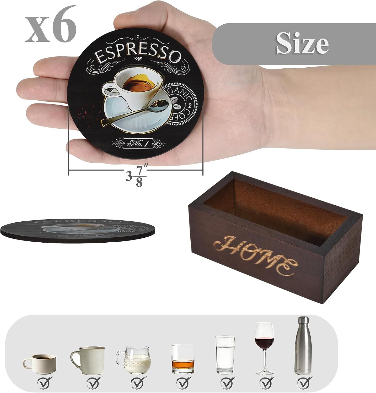 Wood Coffee Coasters / Coffee-black / Set of 6