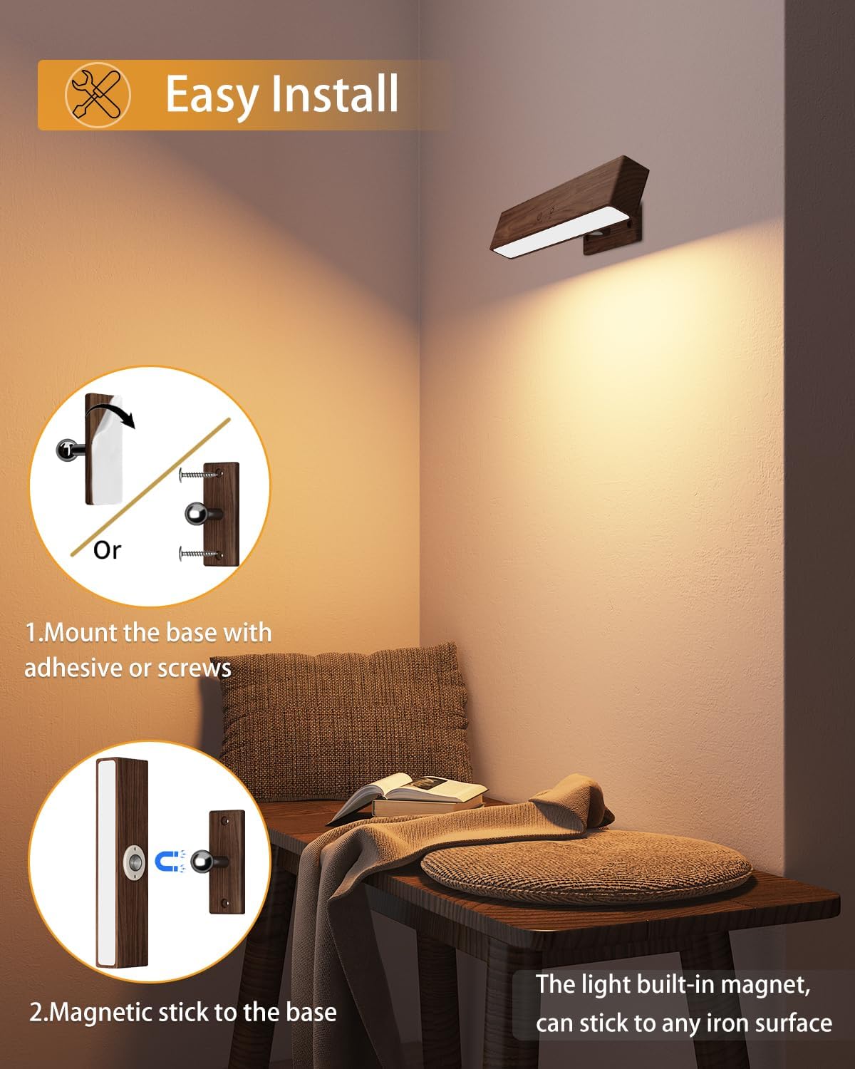 Rechargeable Wood Wall Sconce (2 Pack) with Remote & Touch, 5200mAh Battery Operated Wall Lights with 3 Color