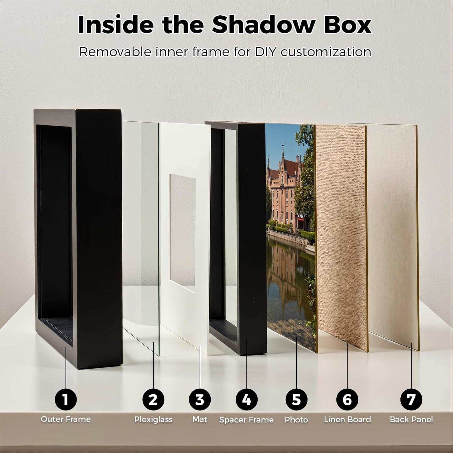 8x10 Shadow Box Picture Frame, 4-Pack Linen Back, with Mat, Black | Wooden Display Cases, 3 Ways to Display, Acid-Free