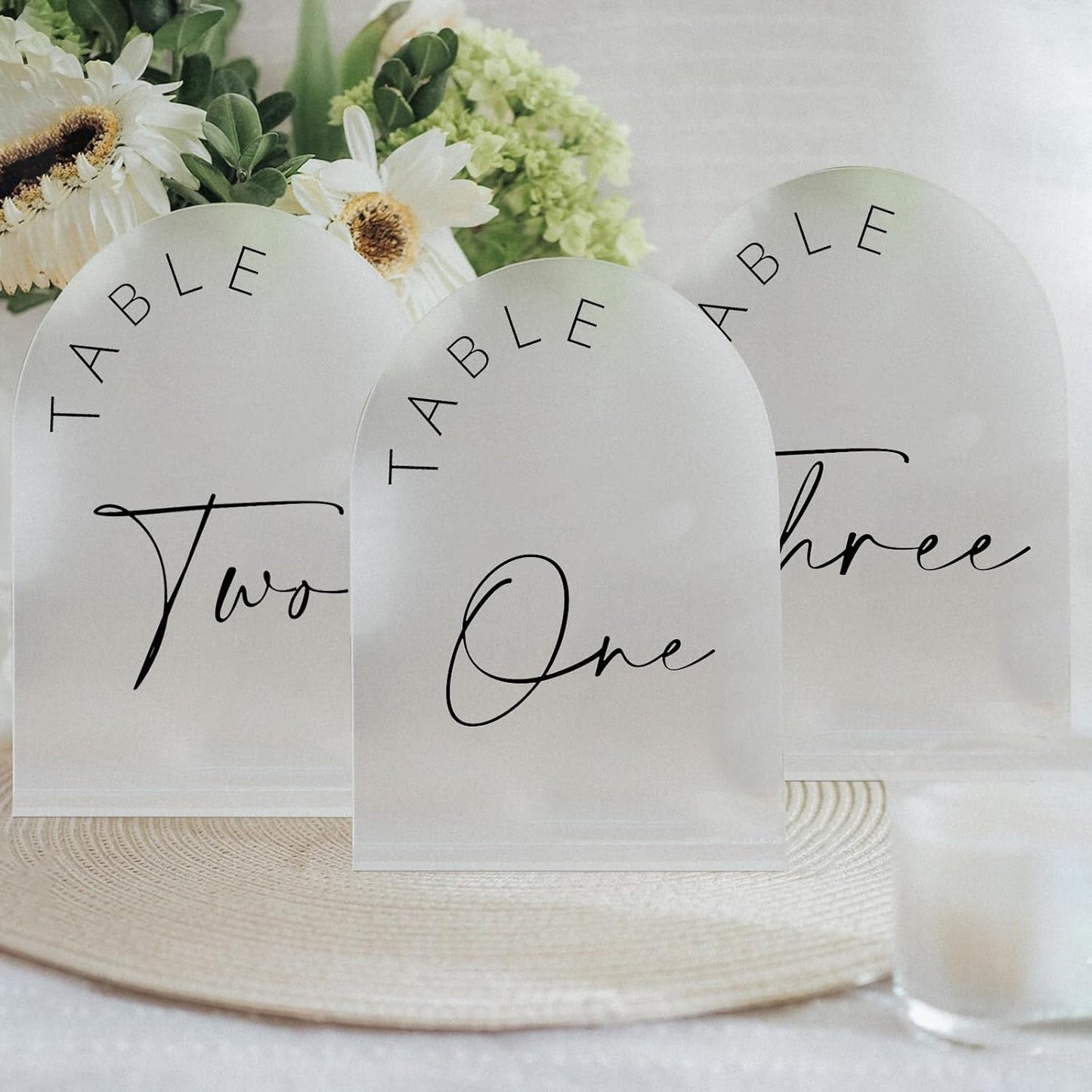 Frosted Arch Wedding Table Numbers 1-30 with Stands, 5x7 Inch Frosted Arch Acrylic Sign with Black Letters, Arched