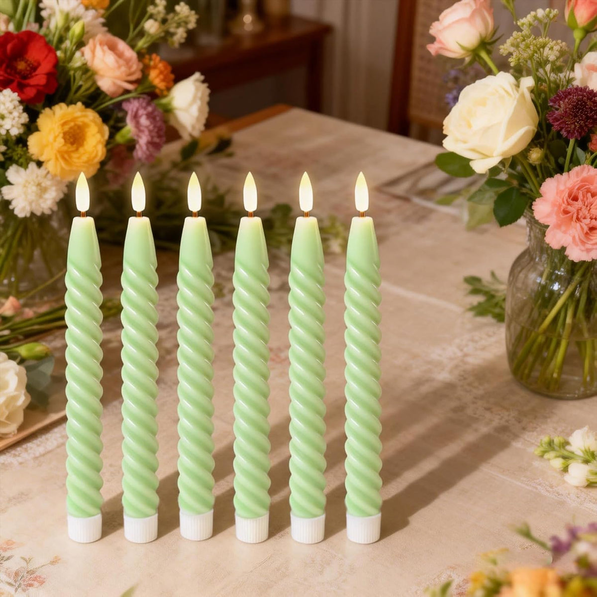 Green Flameless Taper Candles Flickering with Remote Timer | LED Spiral Taper Candles, Flameless Candlesticks, Battery