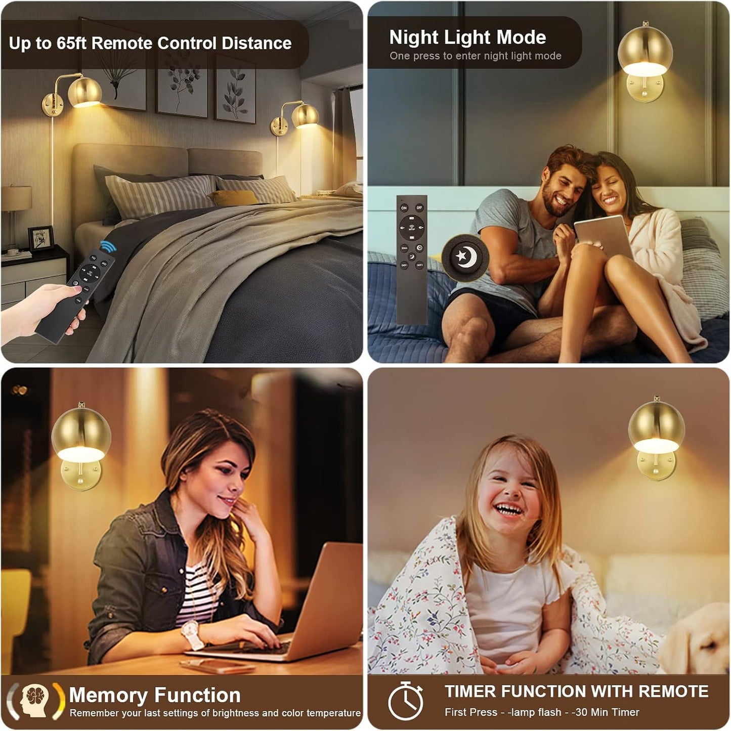 VATONI Wall Sconce with Remote Control, Plug in Wall Sconces Dimming 0-100% and Adjustable Color Temperature
