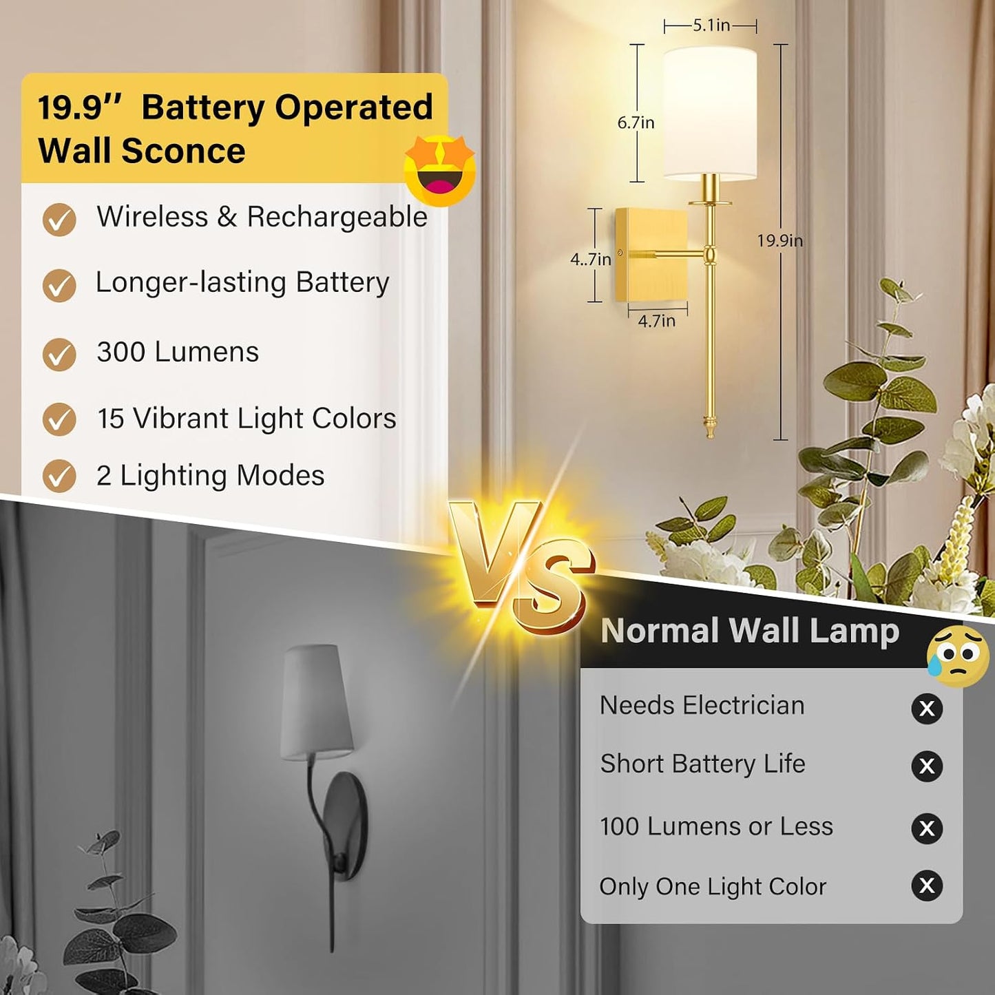 19.9 Inch Wall Sconces Battery Operated Set of 2, Gold Rechargeable Wireless Wall Sconces Lights with Remote, Not