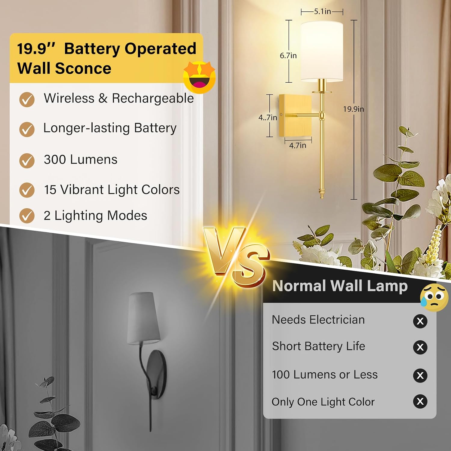 19.9 Inch Wall Sconces Battery Operated Set of 2, Gold Rechargeable Wireless Wall Sconces Lights with Remote, Not