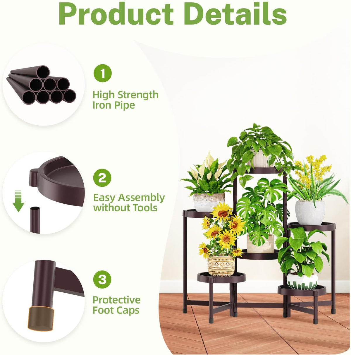iDavosic.ly 6 Tier Folding Plant Stand Indoor Outdoor, Plastic Tray, Bronze | Space Saving Tiered Corner Storage