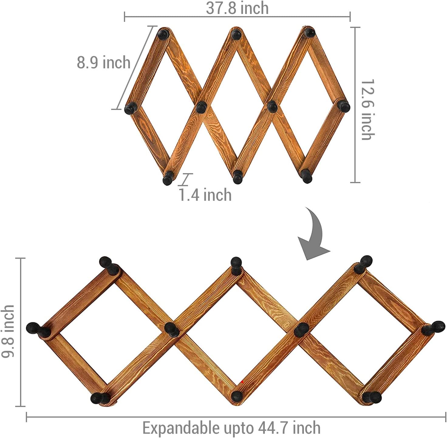 MyGift Expandable Hat Rack with 10 Hooks, Burnt Wood Wall Coat Rack | Expandable accordion design offers 10 pegs for