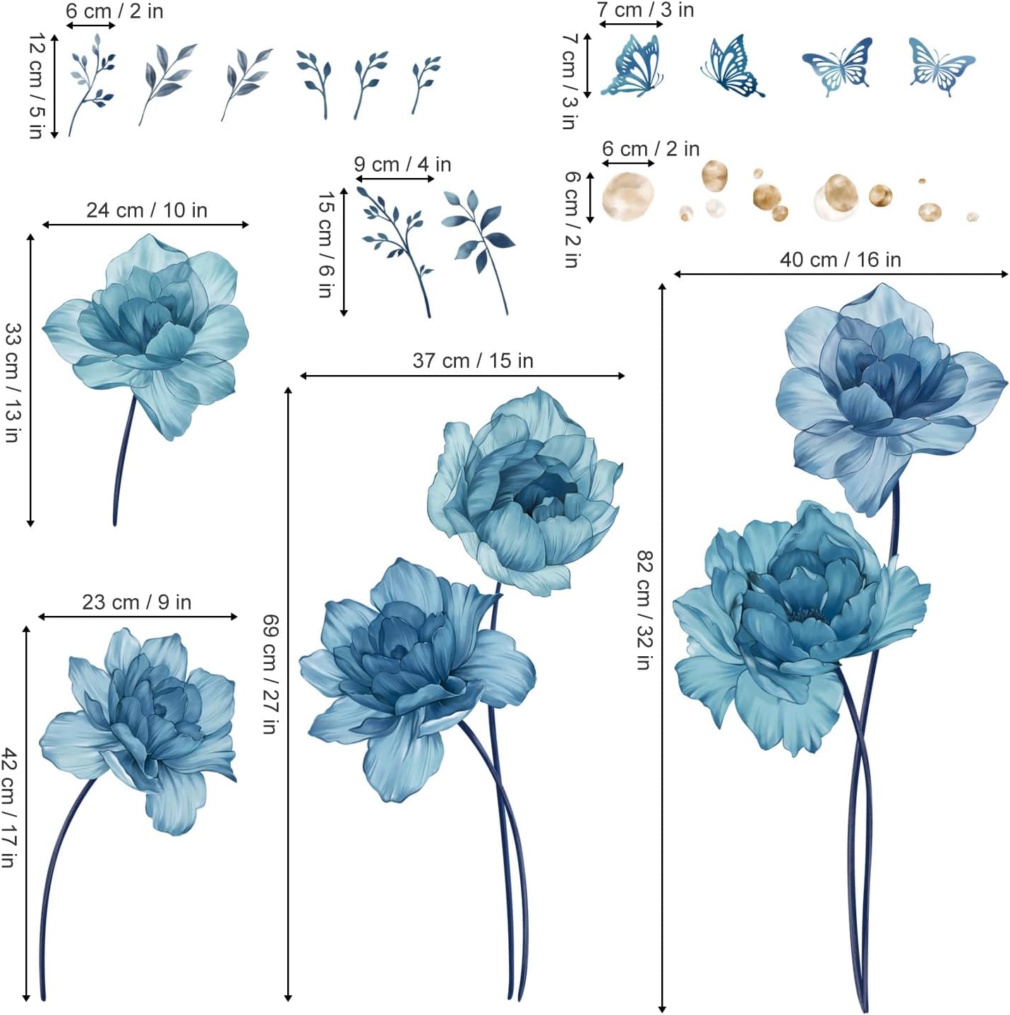 Large Flowers Wall Stickers Peony Floral Plants Butterfly Peel and Stick Wall Art Decals / Blue