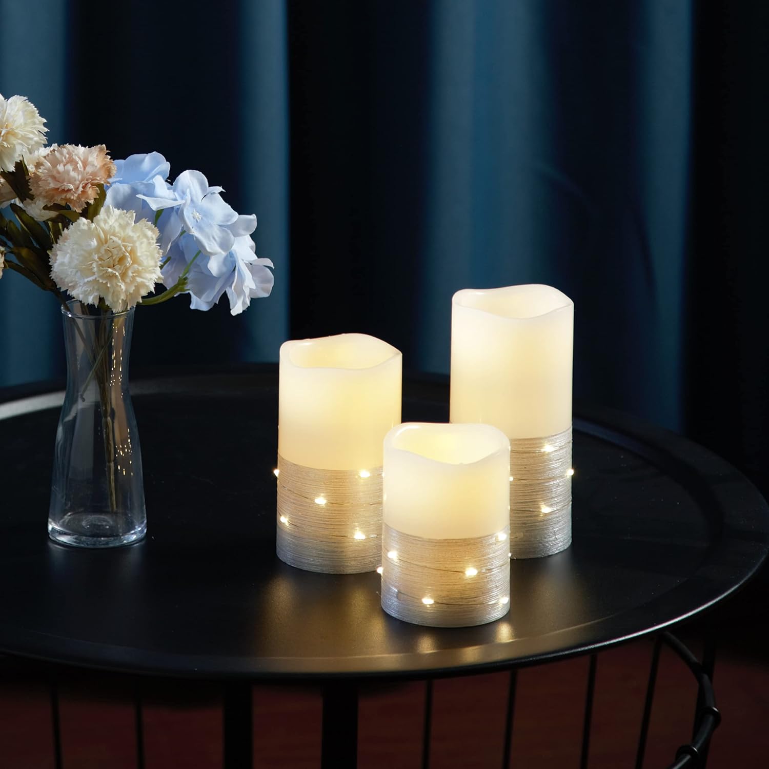 H-BLOSSOM Flickering Flameless Candles Ivory Real Wax Pillar with Embedded String Lights LED Candles Battery Operated