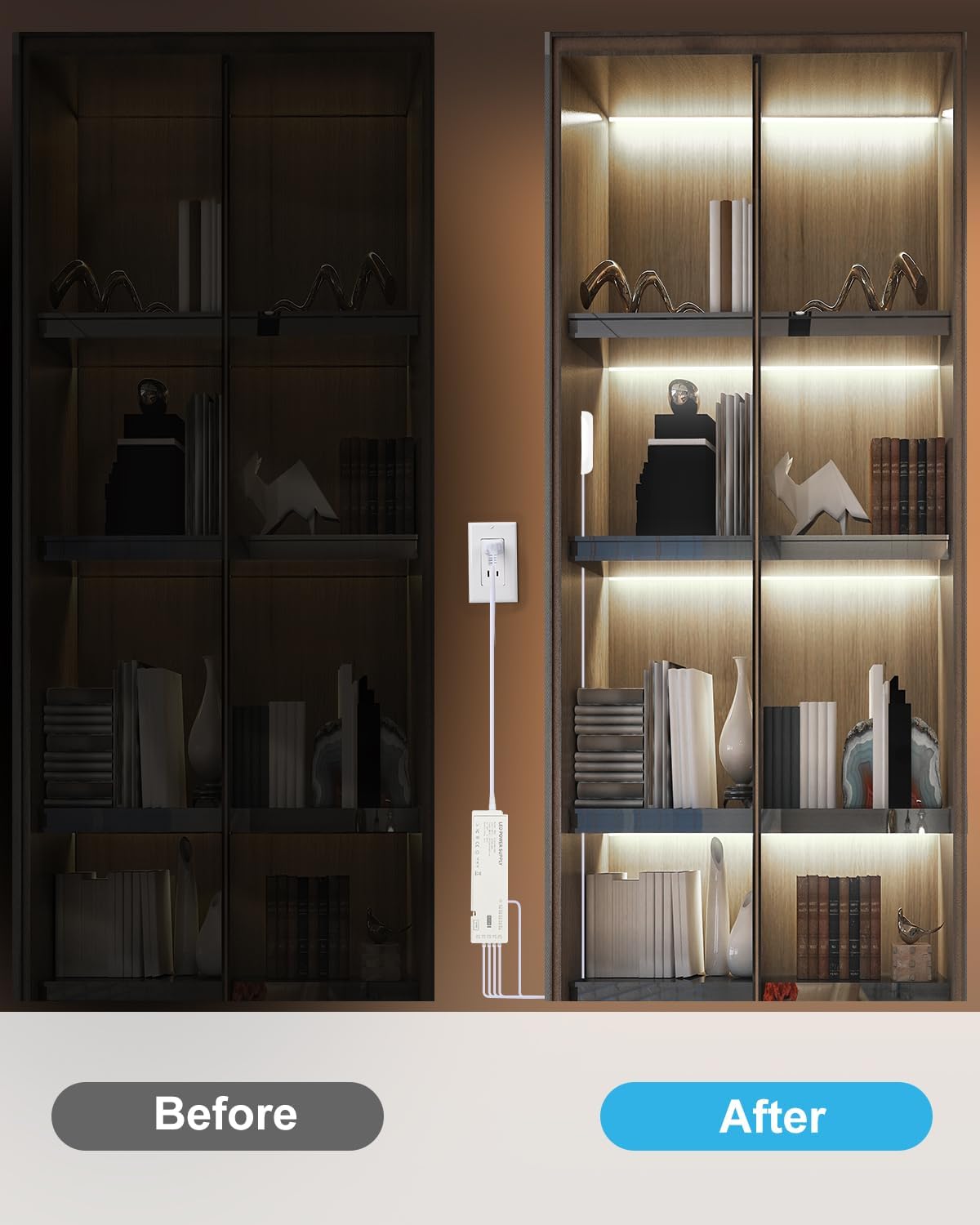 JUSJUBR Display Cabinet Lights, 32.8ft 24V Dimmable Cuttable COB LED Strip Lights, Cold White 6000K, Under Cabinet