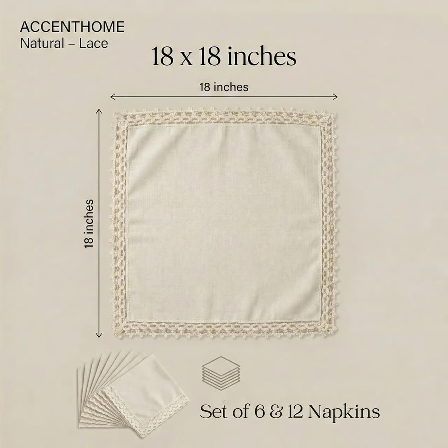 ACCENTHOME Washable Cotton Dinner Lace Napkins Wedding Party Decor | Set of 12 Natural Halloween Thanksgiving Christmas