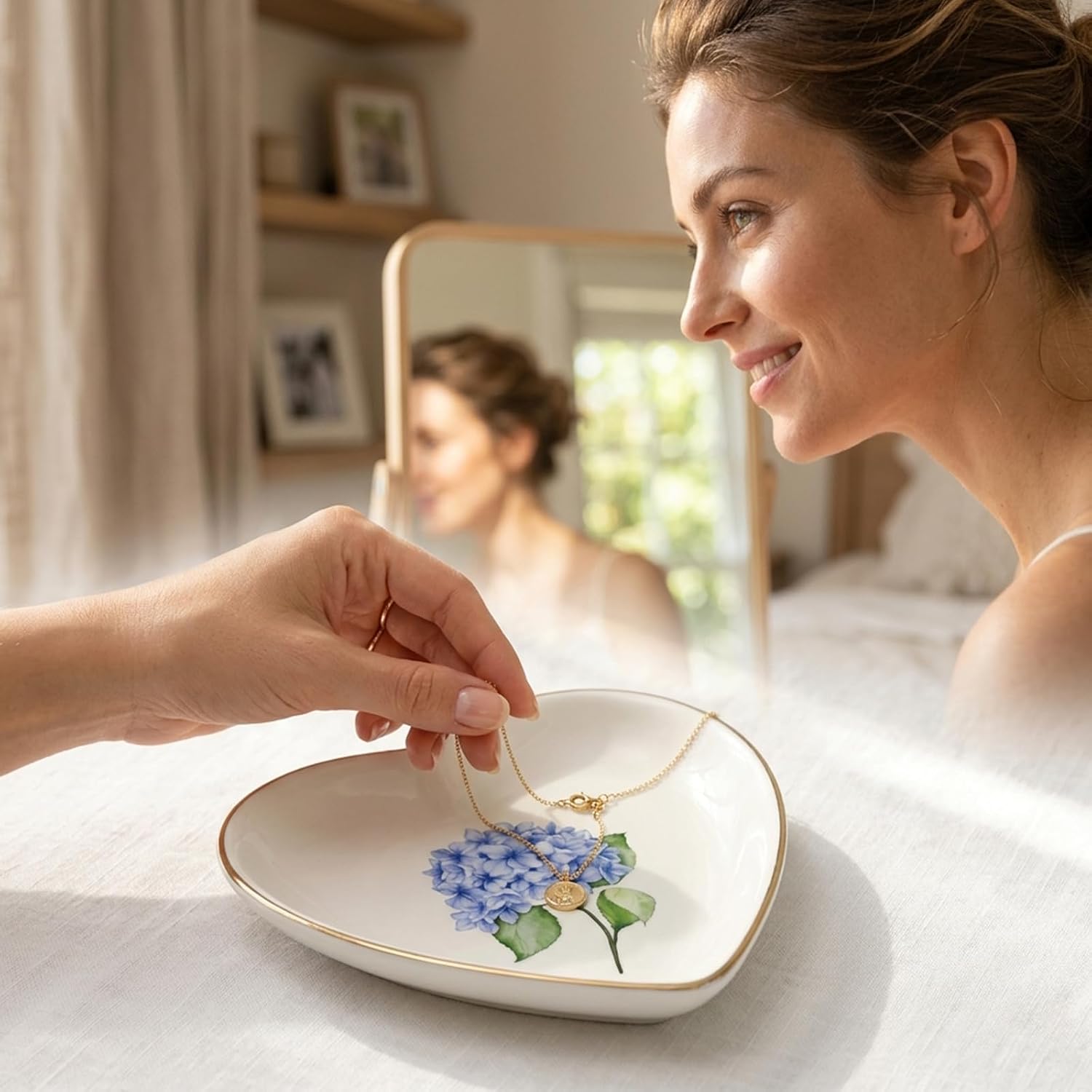 Hydrangea Flower Ring Dish Heart Shaped Ceramic Jewelry Tray Watercolor Floral Trinket Dish / Blue