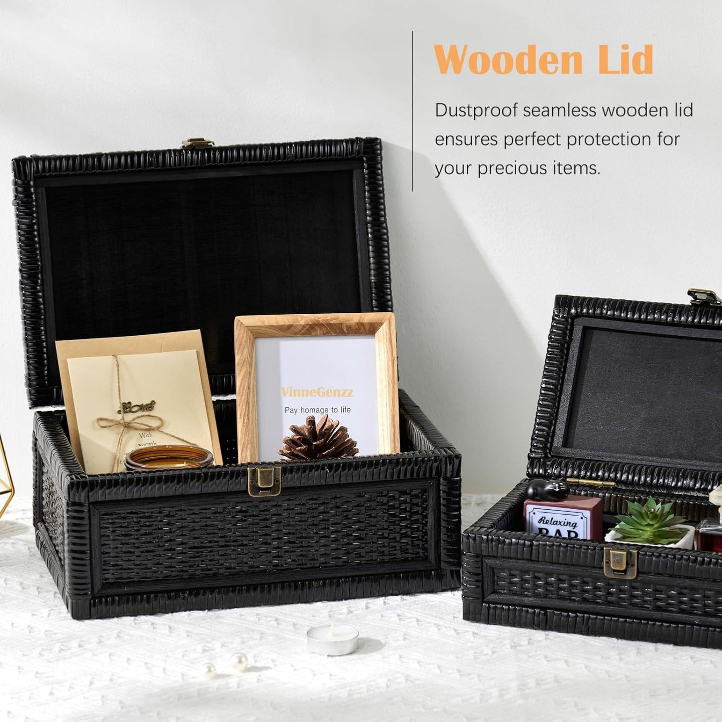 Lid Decorative Natural Handmade Boho Rattan Baskets Woven Wicker Cane Bins Keepsake / Small / Black