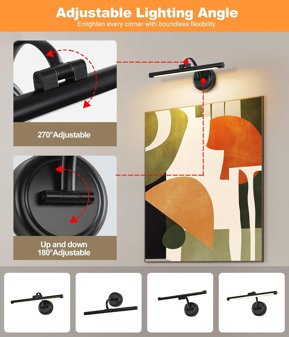Tassuowell Rechargeable Picture Light for Wall, Cordless Art Lights Battery Operated, Dimmable Wall Light with Remote &